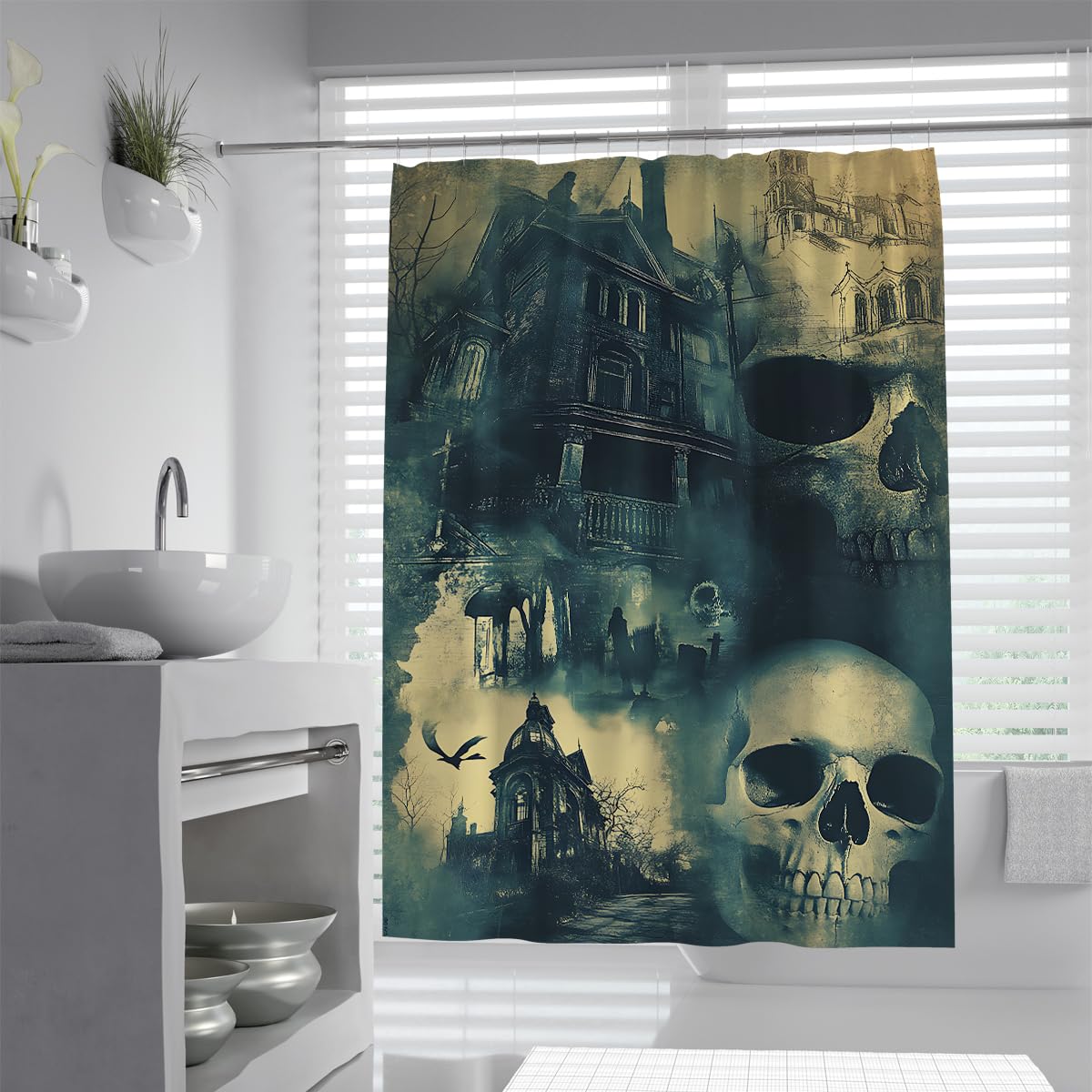 UIRINGART Vintage Castle Bathroom Curtain W120xL180cm Dark Horror Skeleton House Water Repellent Quick Dry Polyester Shower Curtains Machine Washable