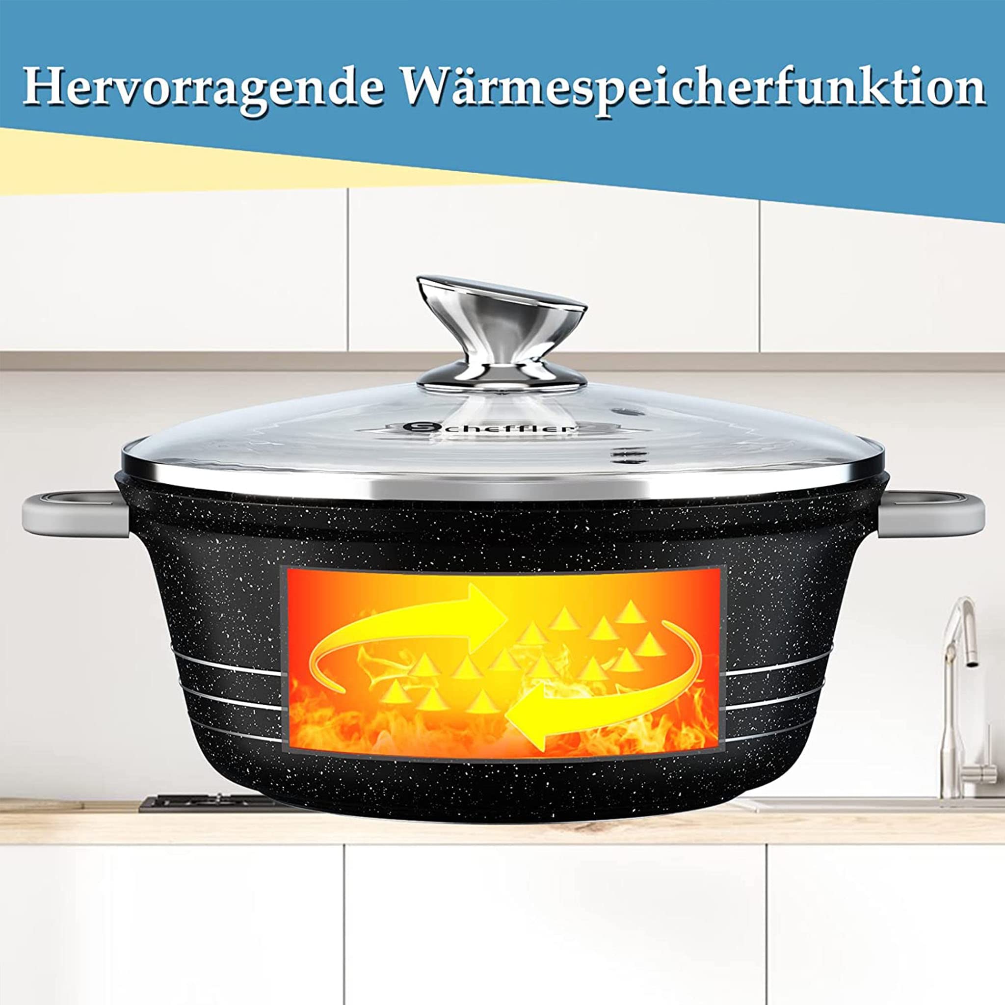 Topfset Scheffler 6tlg Kochtopf Set Induktions mit Glasdeckel | 20cm,2.2L&24cm,4L&28cm,6L Aluminiumguss, Antihaftbeschichtung, für alle Herdarten, Spülmaschinengeeignet