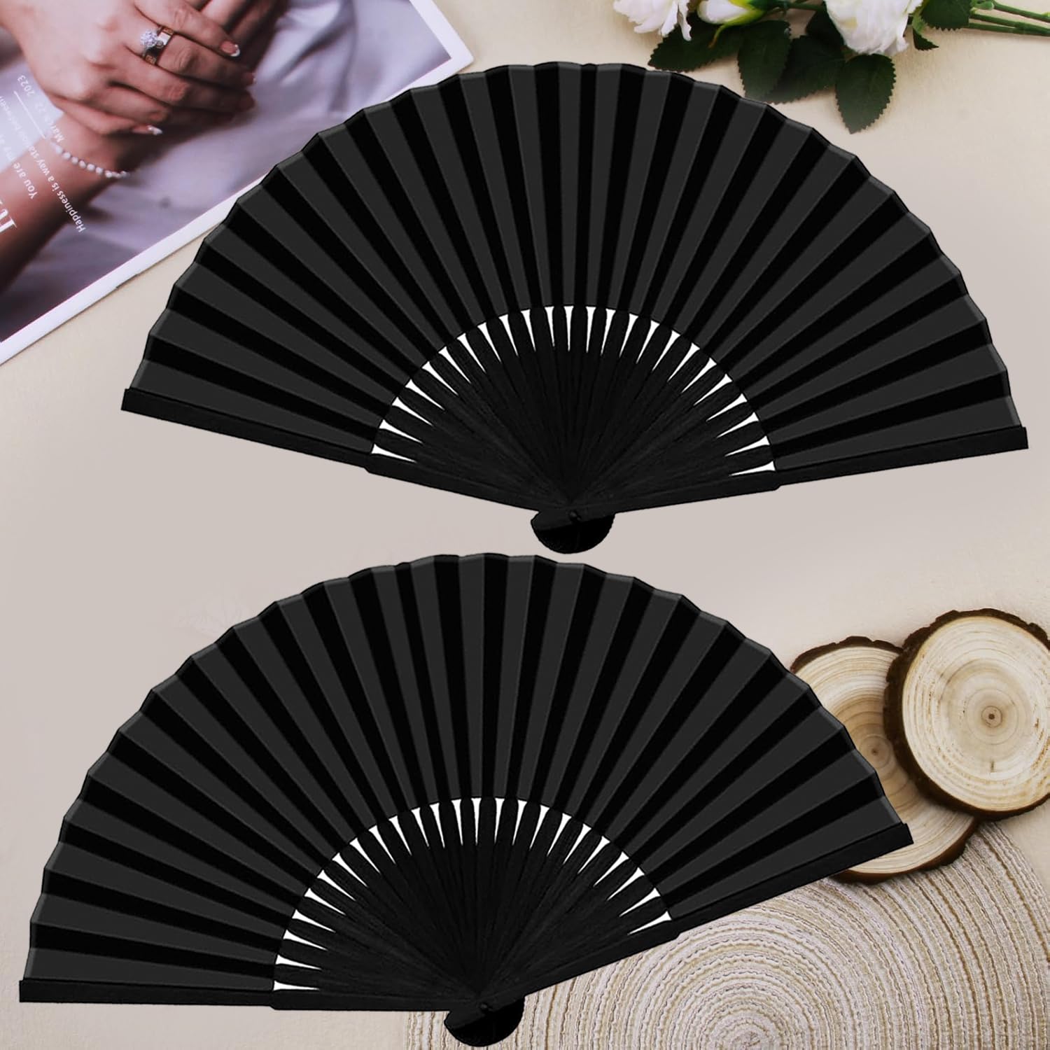 Abanicos plegables de mano de tela de seda china para mujeres y hombres, ventilador de mano plegable negro para baile, boda, fiesta