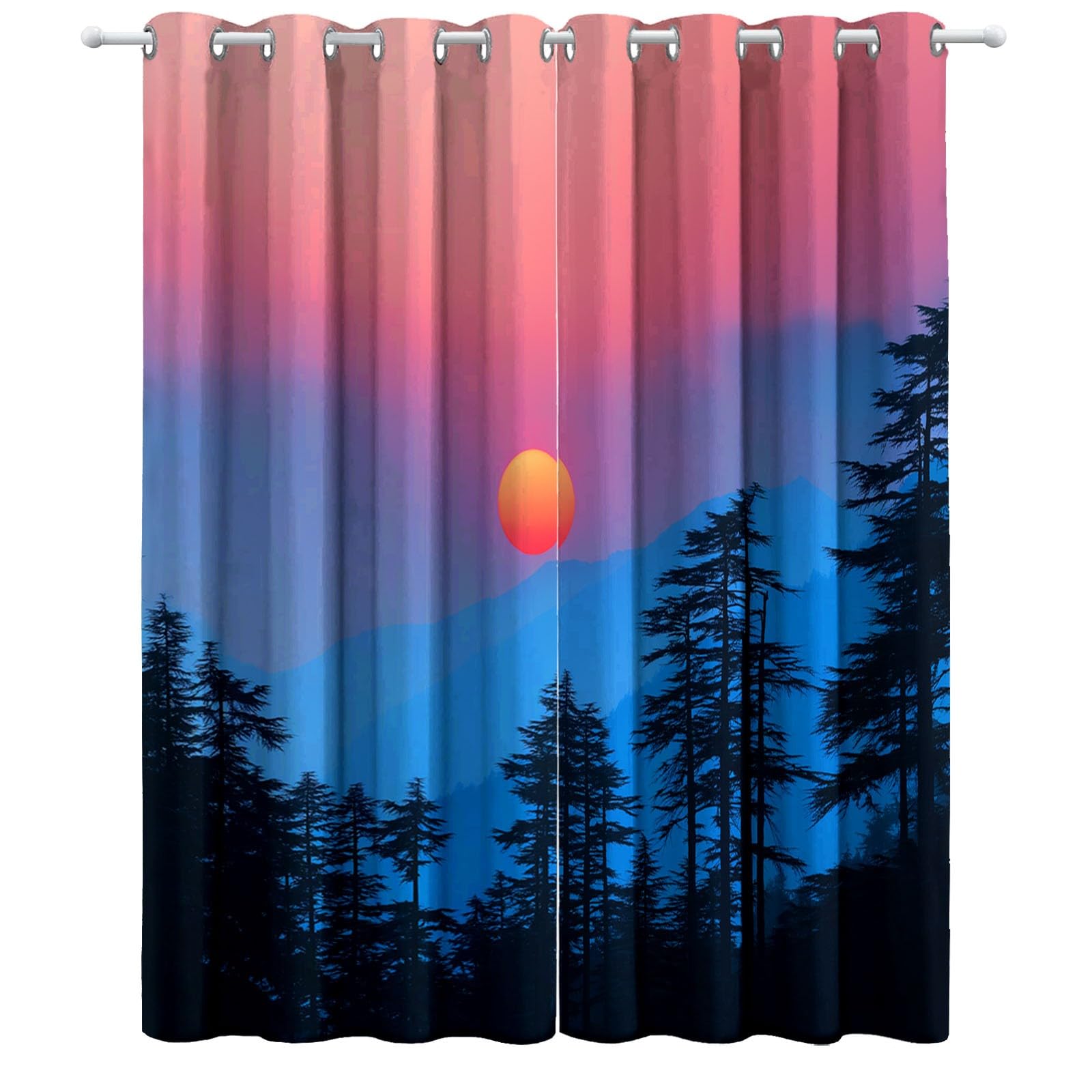 Zasłony zaciemniające, 175 x 140 cm, marzycielski zachód słońca las, nieprzejrzyste, termiczne, do pokoju dziecięcego, sypialni, salonu, na okno, dekoracja, 2 szt., czerwone i niebieskie