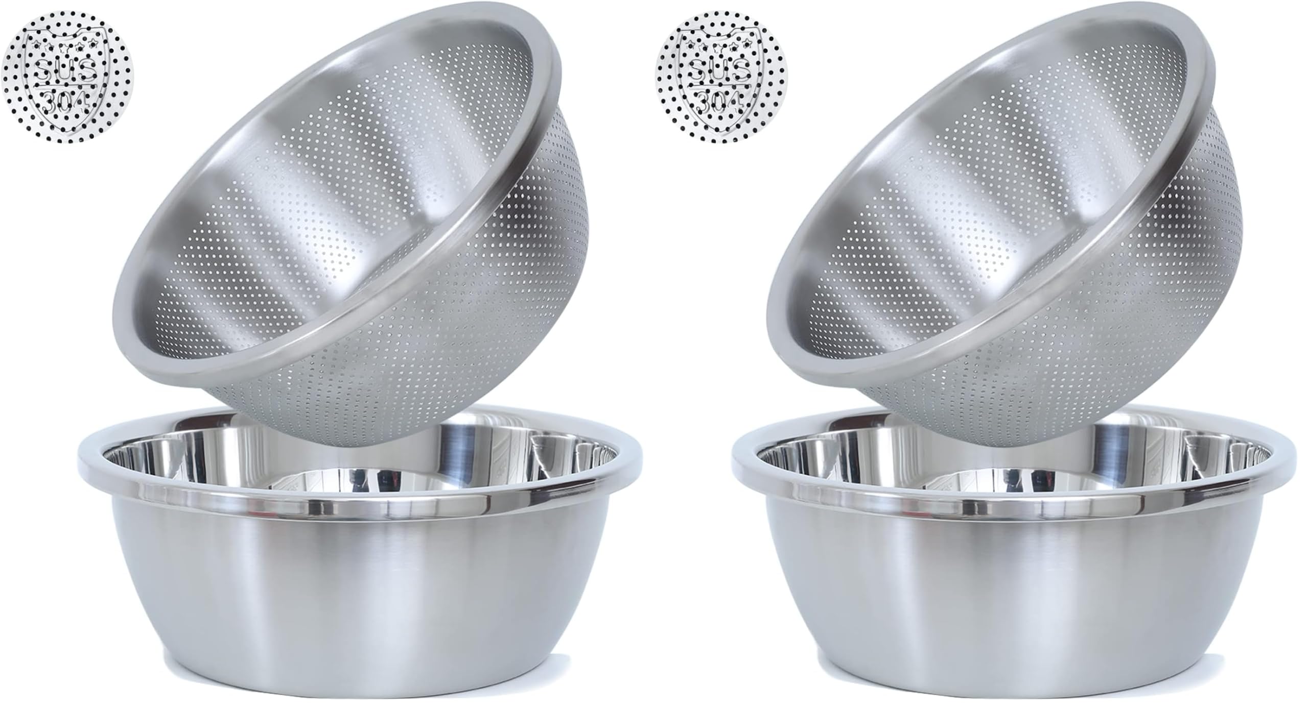 Paoli 304 Stainless Steel Fine Mesh Colander Set, 2QT Large Capacity Strainer with Mixing Bowl — Rinse Fruits, Veggies, Rice &amp; Drain Pasta, Dishwasher Safe (2-Piece) (Pack of 2)