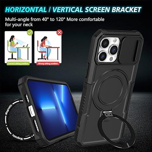 Miniatura 2 de Funda para iPhone 13 Pro Max con funda deslizante para cámara compatible con MagSafe con soporte de anillo magnético, funda resistente de grado