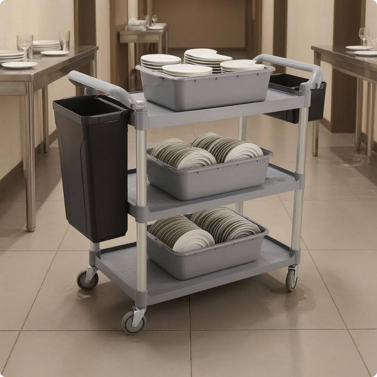 predolo Carro Camarero Triple Niveles Gran Capacidad Carro Servicio con Ruedas Multiuso Mueble Rodante para Restaurante, Gris, Grande, Tres Cubetas, Dos Cubos, Ruedas Silenciosas