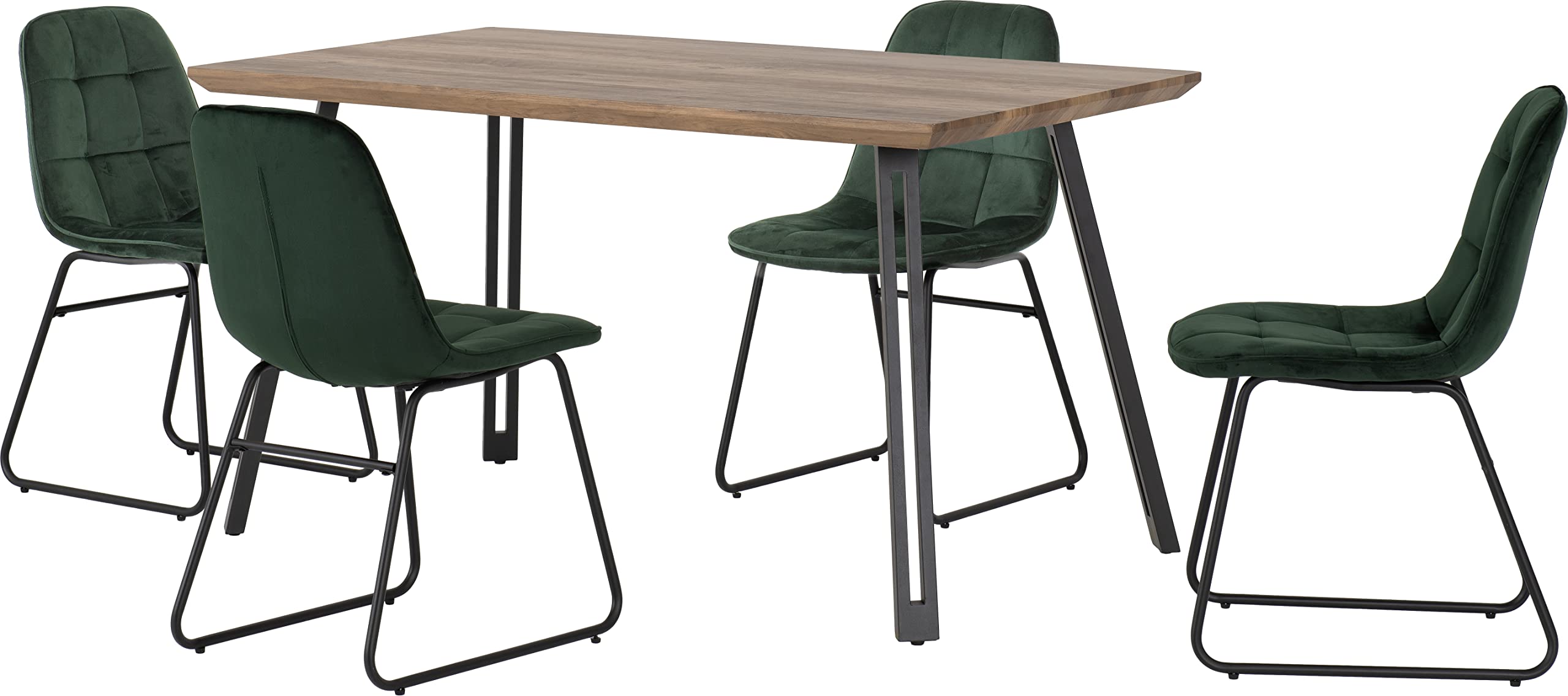 Seconique Quebec 4 Seater Dining Set - Medium Oak Effect & Emerald Green Velvet Table and Chairs