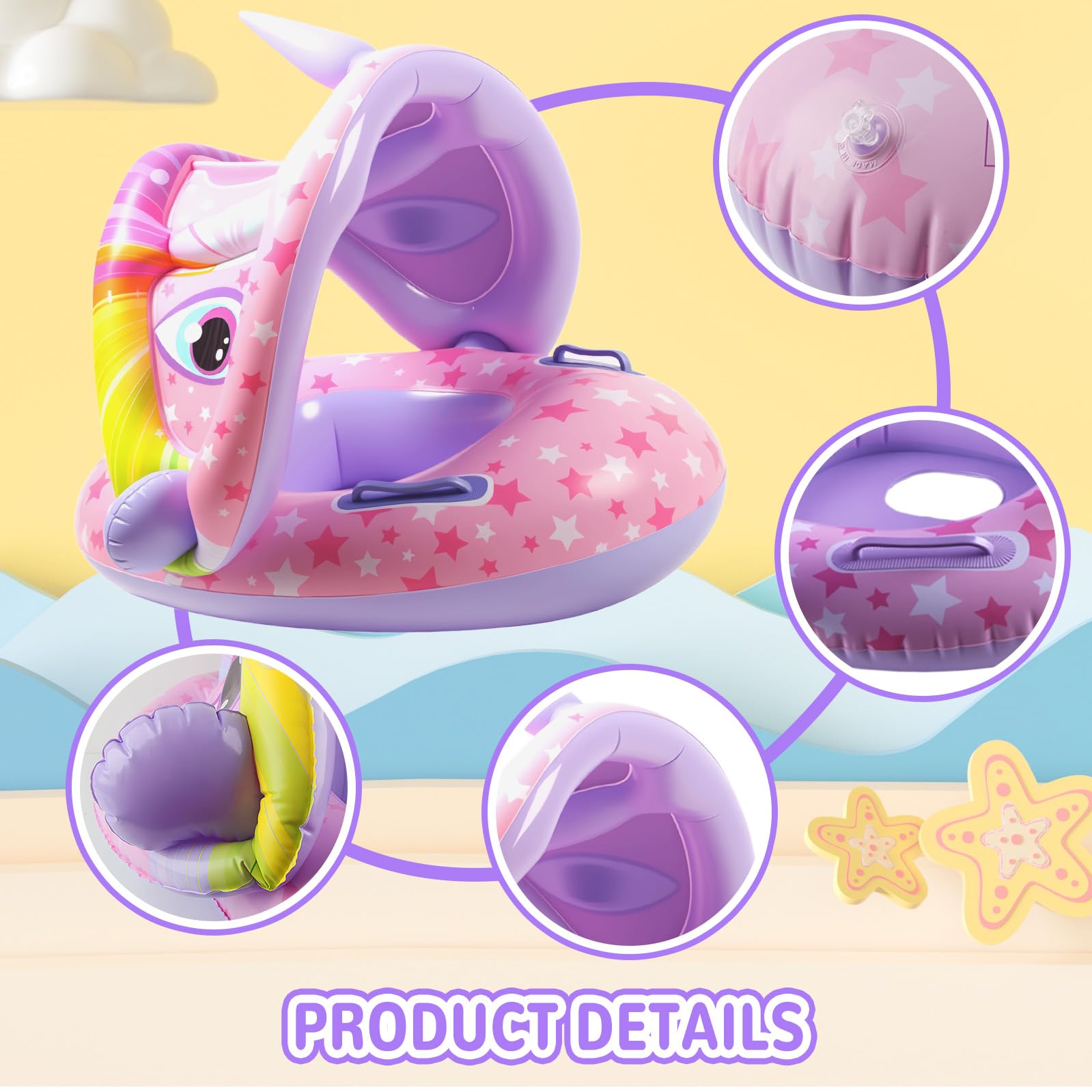 Salvagente Neonato con Parasole, Canotto Neonato con Parasole, Ciambella Mare, Gonfiabile Mare, Unicorno, Dinosauro per Piscine