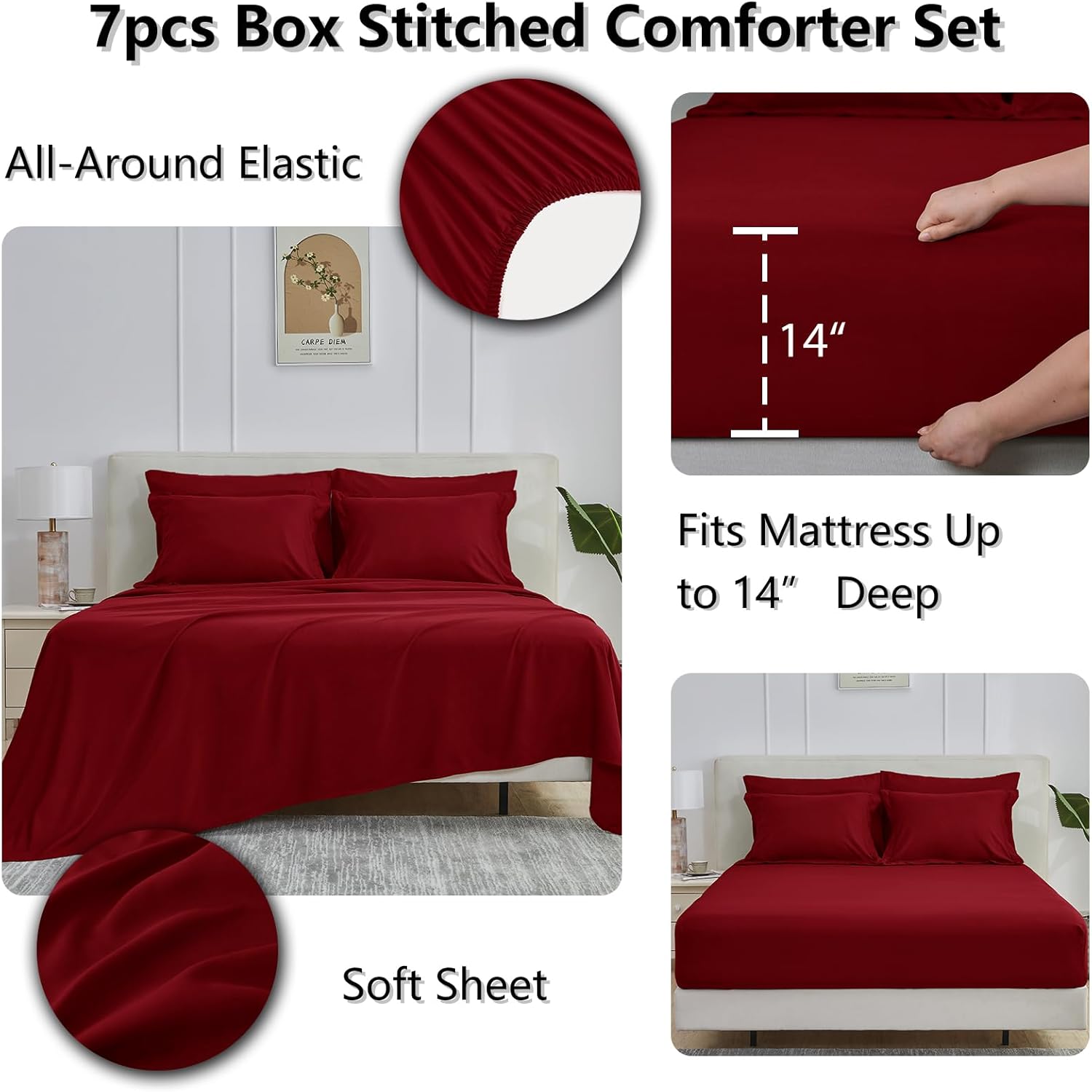 CozyLux Queen Comforter Set Dark Red - 7 Pieces Bed in a Bag Queen, All Season Breathable Bedding Sets, Oeko-Tex Certified Bed Set with Down Alternative Comforter, Sheets, Pillowcases & Pillow Shams