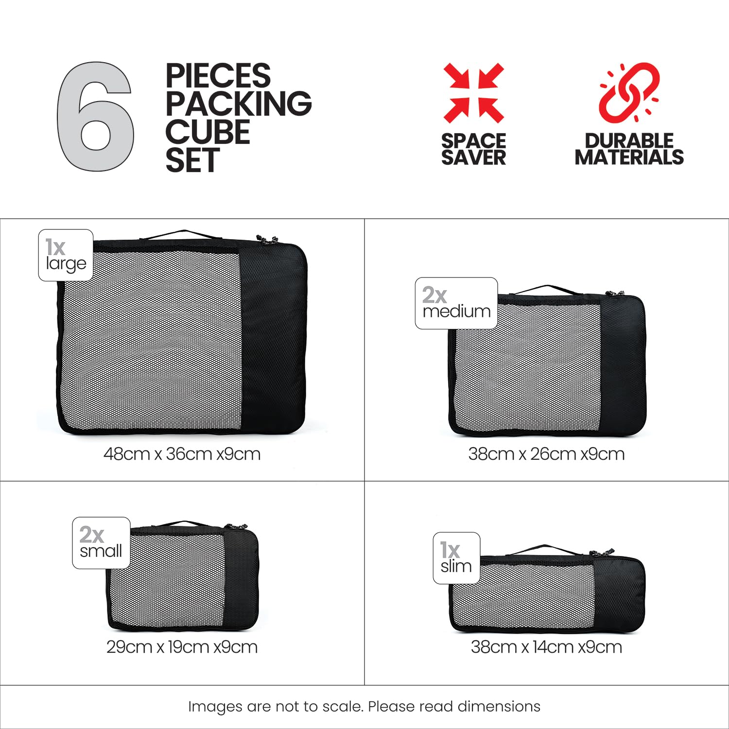 FATMUG Polyester Packing Cubes Travel Bag Organiser Set Of 6 (1 Large, 2 Medium, 2 Small And 1 Slim) -Black