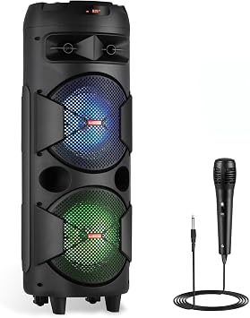 Dual 8 Wireless Party Bluetooth Speaker for Events Singing | PA Speaker System Karaoke Machine Set with Wired Microphone, USB/TF/AUX/TWS/FM Radio, Portable Audio Equipment with DJ Lights