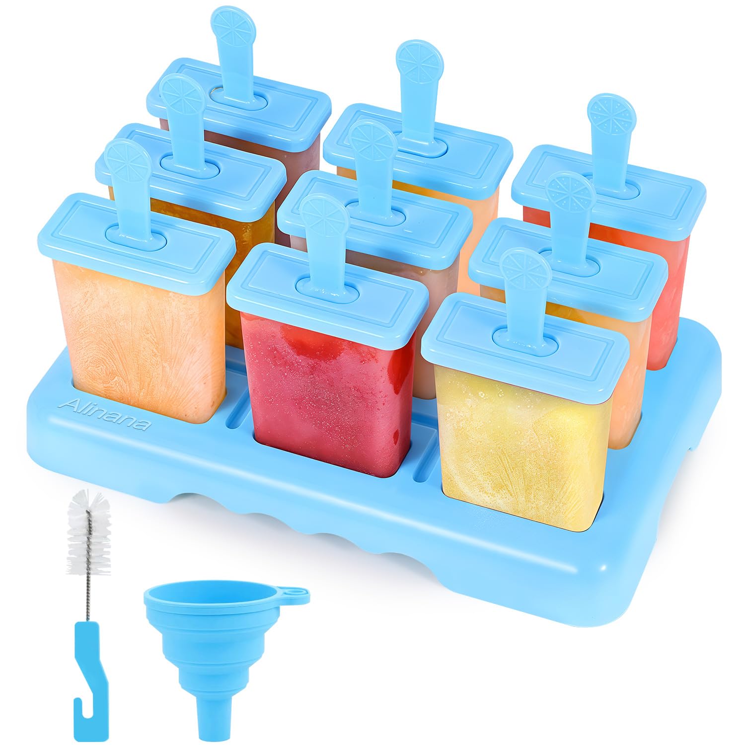 Alinana Eisformen Eis am Stiel, 9 Eisformen Wiederverwendbar, Individuelles Abtauen Eis am Stiel Formen, BPA Frei Eisformen- Kommt mit Einer Reinigungsbürste und Silikon Falttrichter