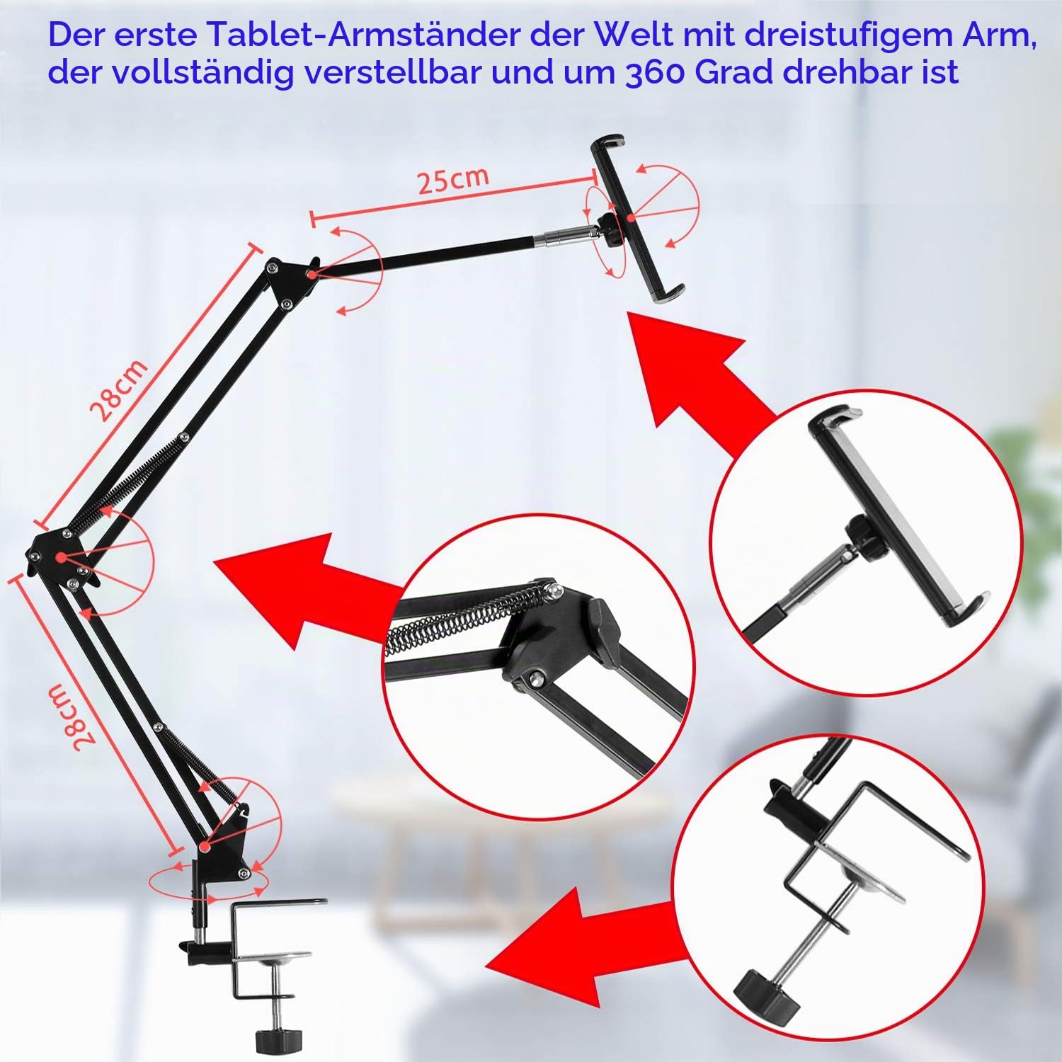 Tablet Ständer für Bett Tablet Halterung Bett Tablet-Ständerhalter 360 Grad Drehbarer mit Stabilem Aluminiumarm für iPad, Tablets, Telefone oder Andere Geräte mit 4,5 bis 12,9 Zoll Bildschirm