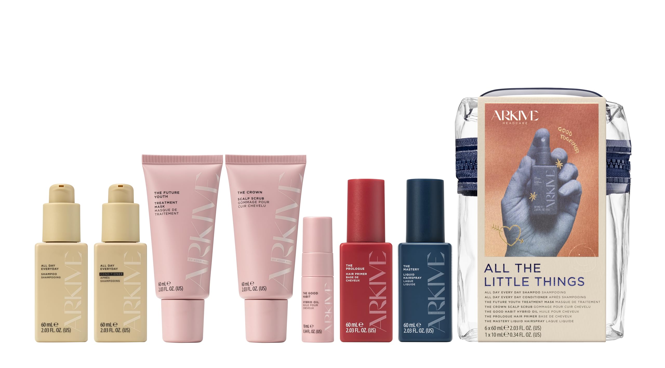 Arkive All The Little Things Gift Set of 7 - All Day Everyday Shampoo and Conditioner - Youth Treatment Mask - Crown Scalp Scrub - The Good Habit Hybrid Oil - Prologue Hair Primer - Liquid Hairspray