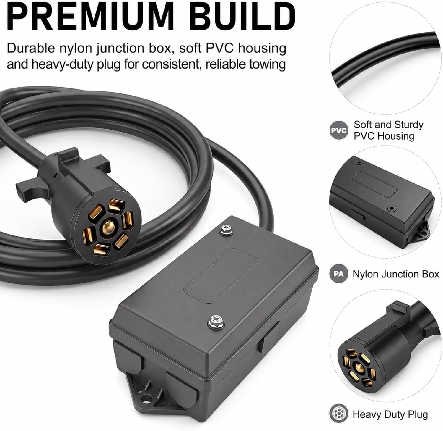 7 Way Trailer Cord with Junction Box, 8 Ft 7 Pin Wiring Harness