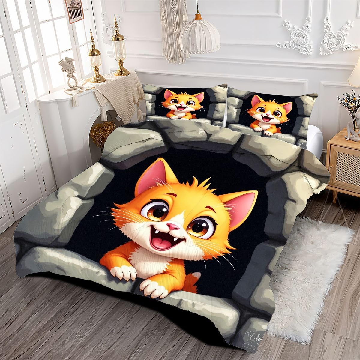 Edredón 135x200 cm Gatito De Dibujos Animados, Reversible Juego de Cama 135x200 en Microfibra, 3D Impresión Nórdico con 2 Funda de Almohada 50x75