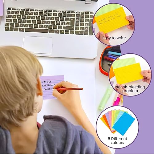 Miniatura 6 de Koogel Tarjetas de índice de colores de 3 x 5, paquete de 272 tarjetas flash a rayas para estudiar, 8 colores surtidos, tarjetas de notas pesadas