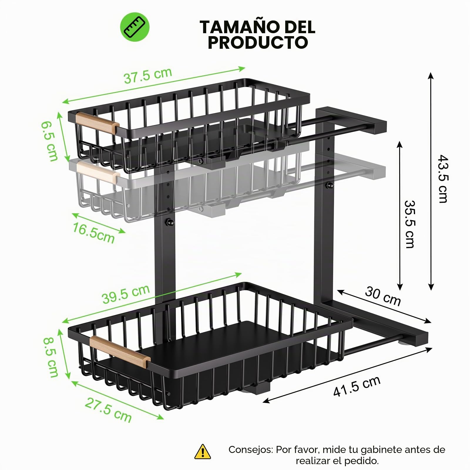 2 Paquete Organizador bajo Fregadero de altura ajustable, organizador de cocina extensible, acero al carbono, negro