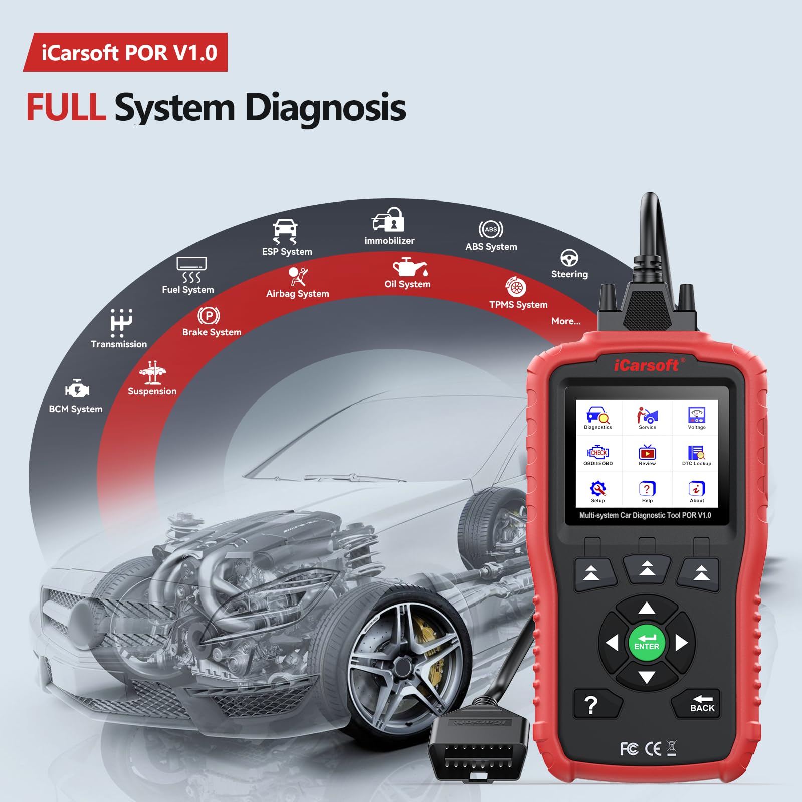 iCarsoft Escáner OBD2 para Porsche, sistema completo POR V1.0, herramienta de diagnóstico de coche, lector de código automotriz con reinicio de aceite/SAS, prueba de batería, datos gráficos en vivo