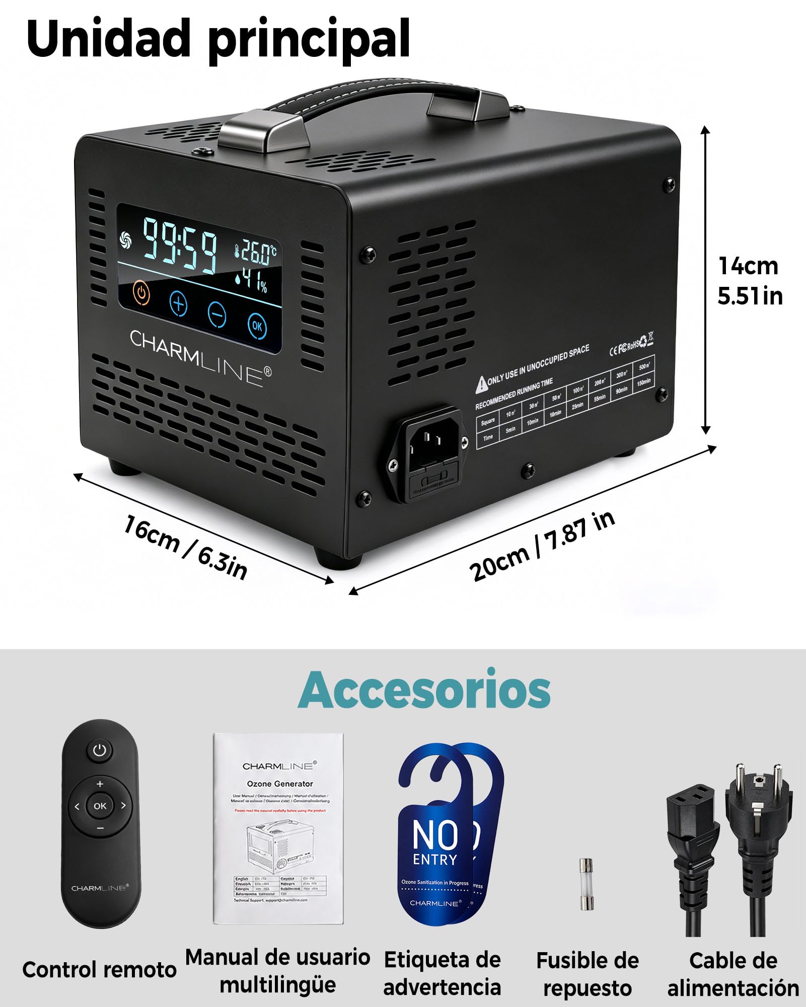 Charmline generador de ozono inteligente para eliminar olores en habitaciones, coches, zonas para mascotas y sótanos, professional ozone machine con mando a distancia, 60.000 mg/h, Negro