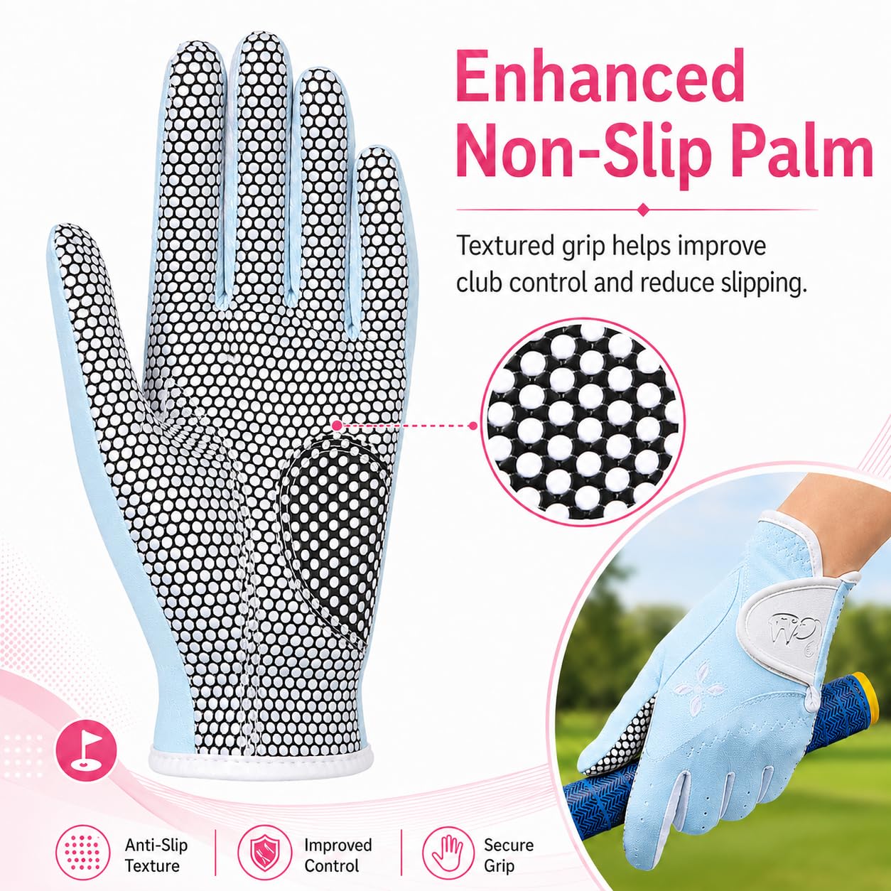 Guantes de Golf para Mujer PGM, Sistema de Agarre Mejorado, Fresco y Cómodo