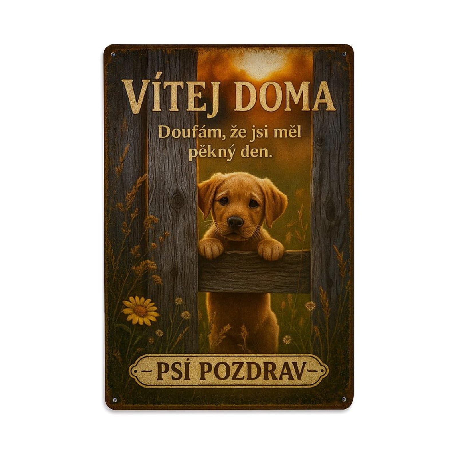 Dog Puppy Wood Gate Sunlight Retro Metal Tin Sign, Vintage Decor Art Poster for Bar, Home, Man Cave, Kitchen, Laundry Room Gift 8x12Inch