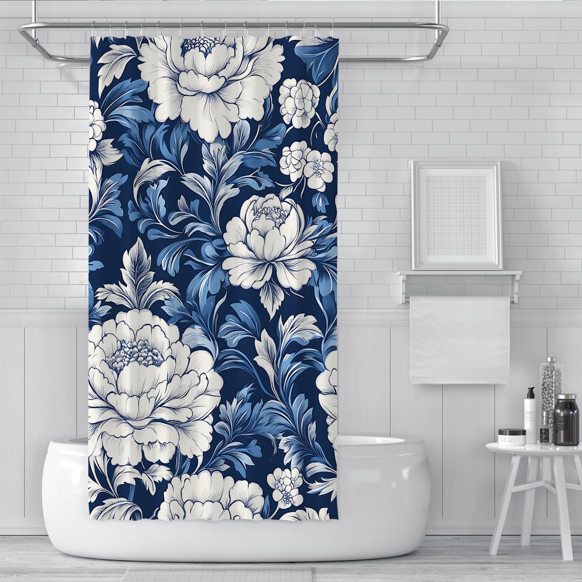 Elegante botanische Kunst Badevorhang Traditioneller orientalischer Ästhetik Badezimmerdekoration Blau-Weiß Blumenmuster Duschvorhang 200 x 240 cm