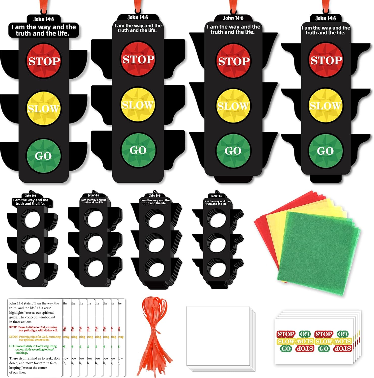 Qyeahkj 32 Set Inspirational Traffic Light Tissue Paper Craft for Kids Christian Crafts Kit Religious Bible DIY Window Suncatchers Crafts Hanging Decors for Sunday School VBS Home Church Activity Game