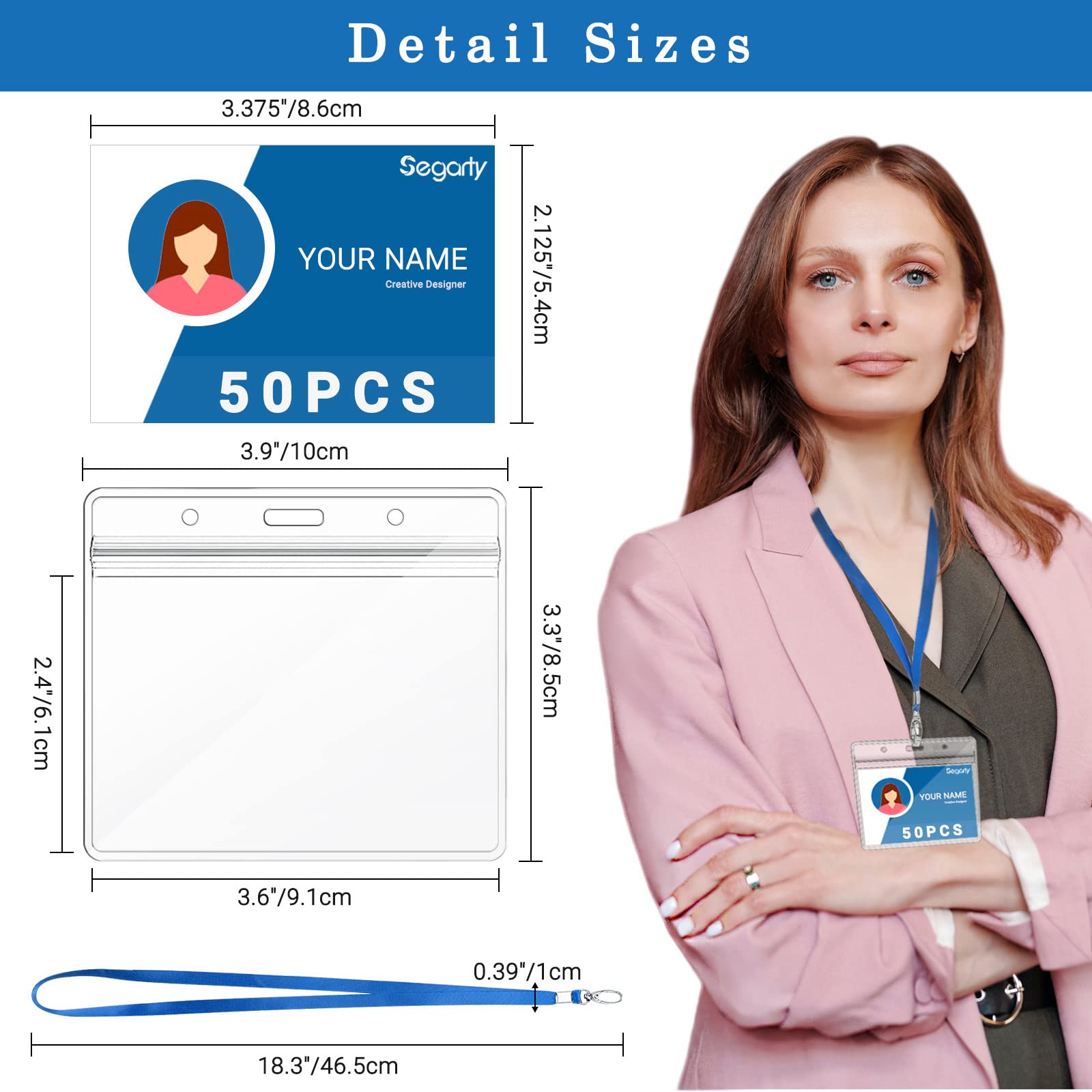 Soporte de identificación, 50 soportes horizontales de plástico transparente Segarty para tarjetas de identificación con cordones y cremallera resellable impermeable