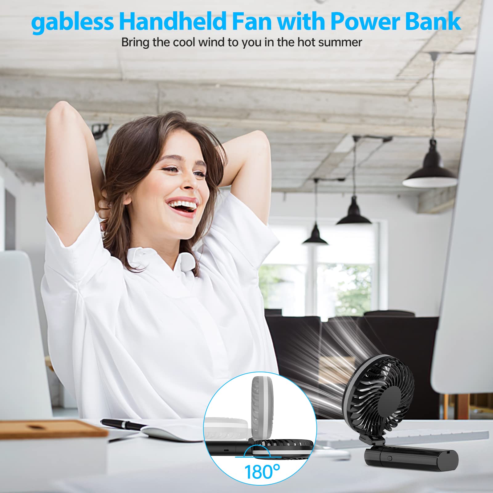 Ventilatore Portatile Ricaricabile - 53 Ore Autonomia, 4 Velocità, Pieghevole, Power Bank USB-C