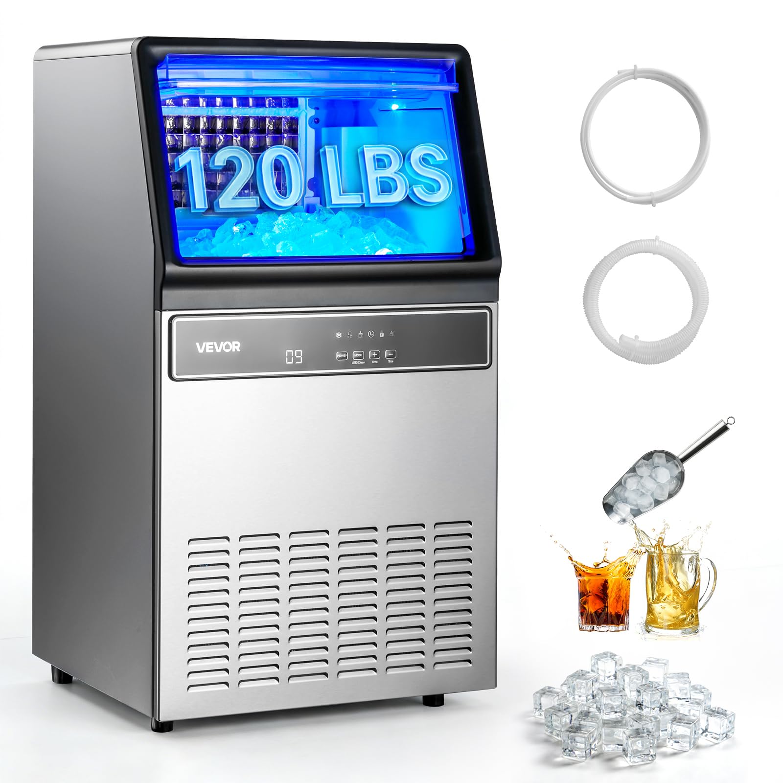 VEVOR Machine à Glaçons Commerciale 54,4 kg/24 h, Appareil de Préparation de Glaçons avec Capacité de Stockage de 15 kg, 45 Cubes par Cycle, avec Écran LED et Nettoyage Automatique, Restaurant Bar