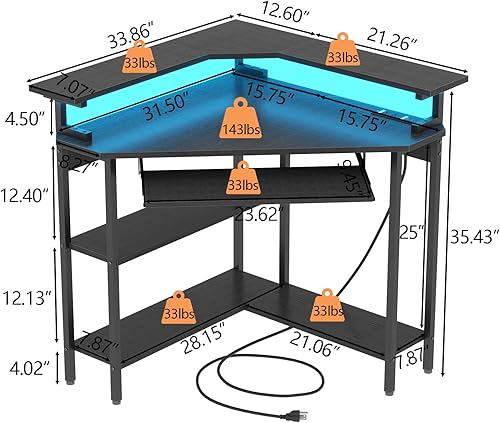 Miniatura 3 de Escritorio esquinero con estación de carga y luz LED, escritorio de esquina triangular con soporte para monitor y bandeja para teclado para espacio