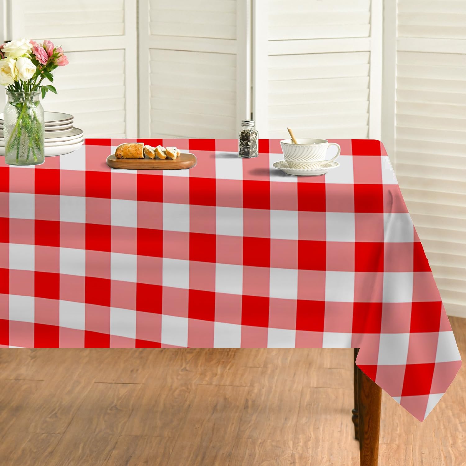 Vichy Karo wasserdichte Tischdecke 140x260 cm Rechteckig, Rot Weiß Kariert Fleckabweisend Pflegeleicht Polyester Tischdecke für Esszimmer Balkon Outdoor W-8