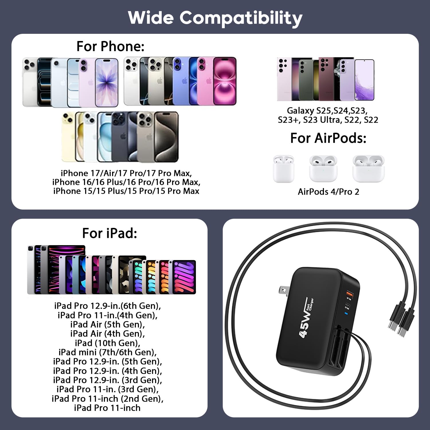 4 in 1 Retractable Wall Charger Fast Charging iPhone 17 Plug,45W Multiport Retractable Phone Charger Foldable Block Dual Port(USB C+USB A) with Dual USB C Cable for iPhone 17/16/15,iPad Pro/Air/Mini