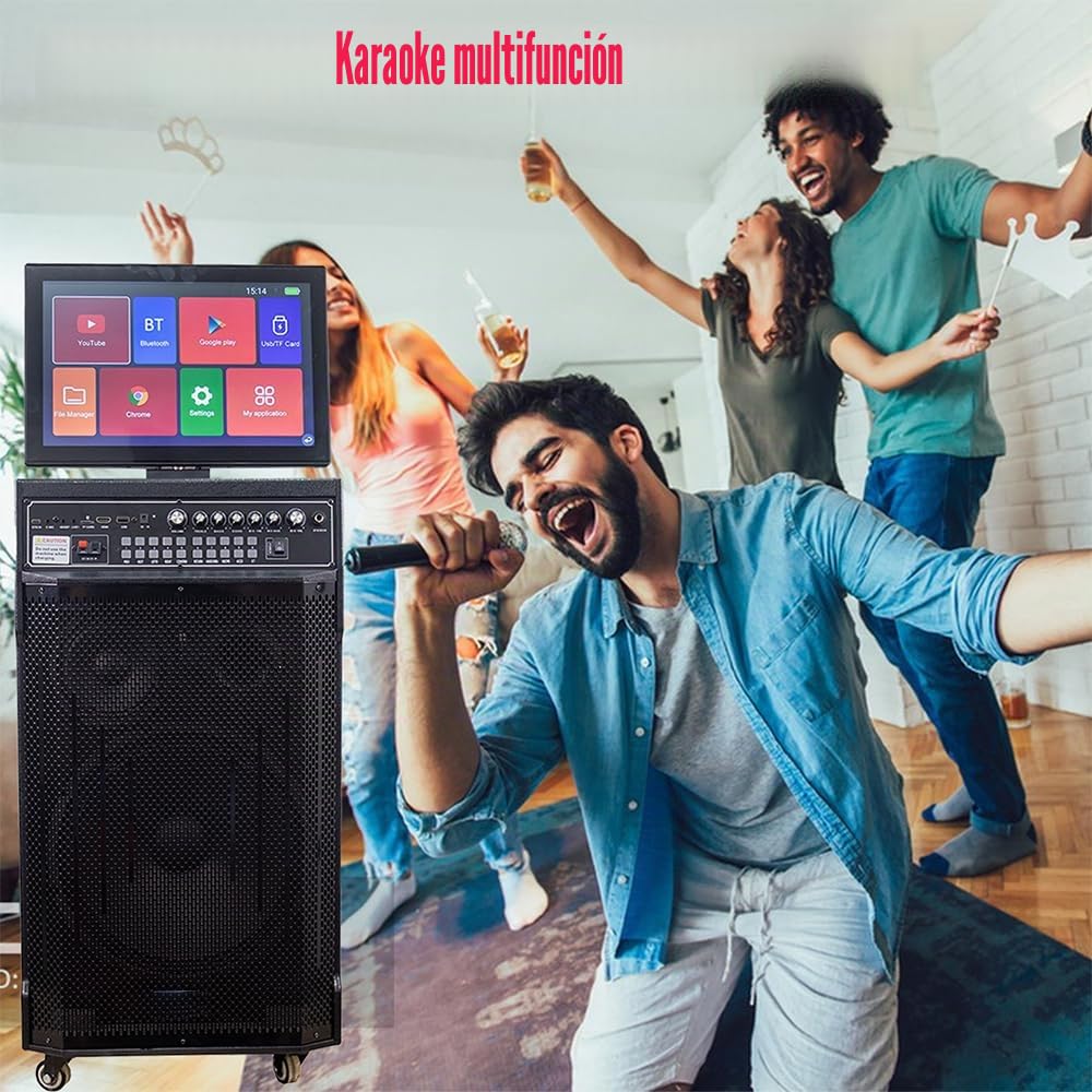 Máquina de Karaoke de 14.4" con Pantalla táctil | Sistema de PA portátil con 2 micrófonos inalámbricos | Altavoz WiFi Bluetooth para Fiesta al Aire Libre en casa |Sistema Android 40-400W