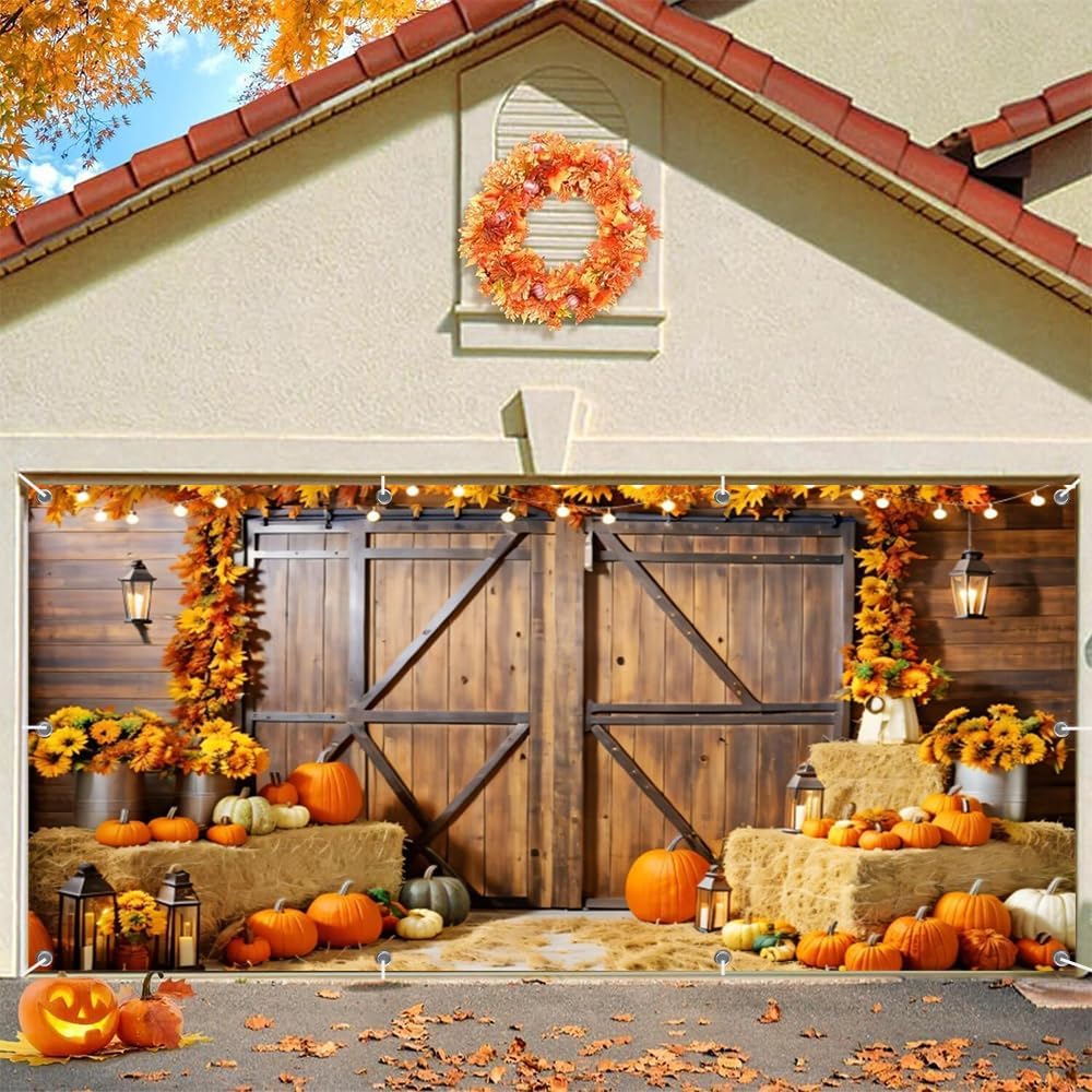 Fall Thanksgiving Garage Door Cover Decorations Banner Backdrop 7x16ft,Large Hanging 2 Car Autumn Garage Cover,Barn Wood Door Pumpkin Sunflower Backdrop for Indoor Outdoor Holiday Decorations