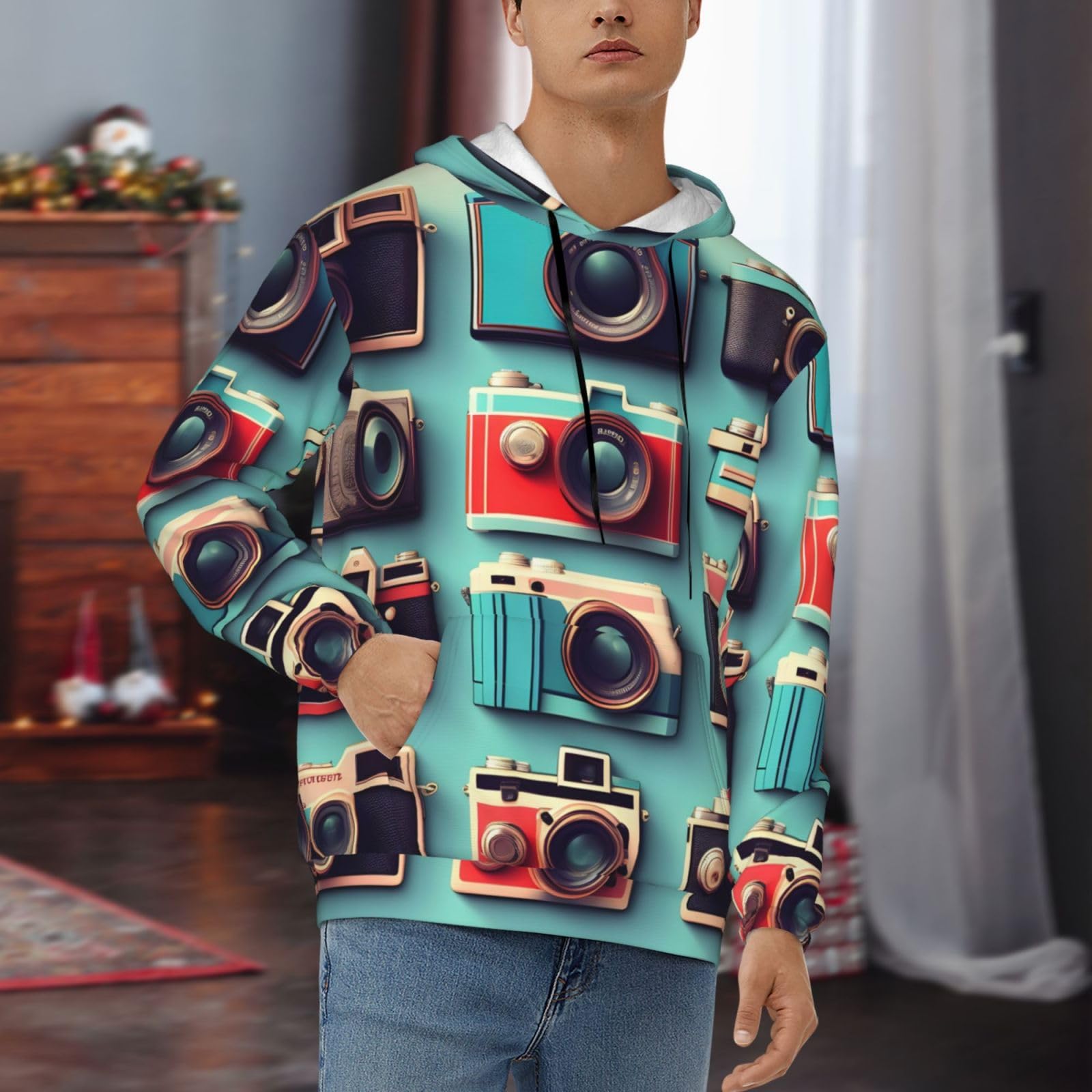 Męska bluza z kapturem w stylu retro fajna kolekcja aparatu, swobodny nadruk graficzny sweter z kapturem koszule z kieszenią