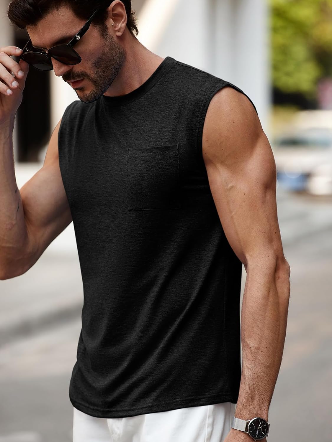 Runcati Mens Sleeveless Tank Tops Workout Cut Off Muscle Shirts Gym Casual Beach Summer Tee with Pocket - Image 3