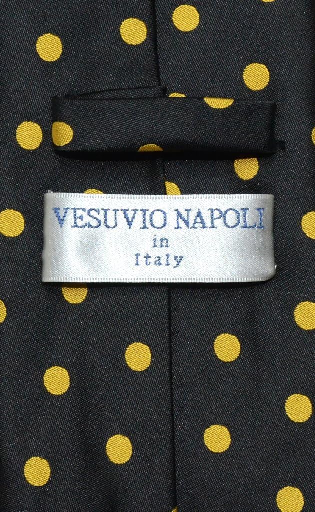 Vesuvio Napoli BLACK w/YELLOW Polka Dots NeckTie Handkerchief Matching Tie Set
