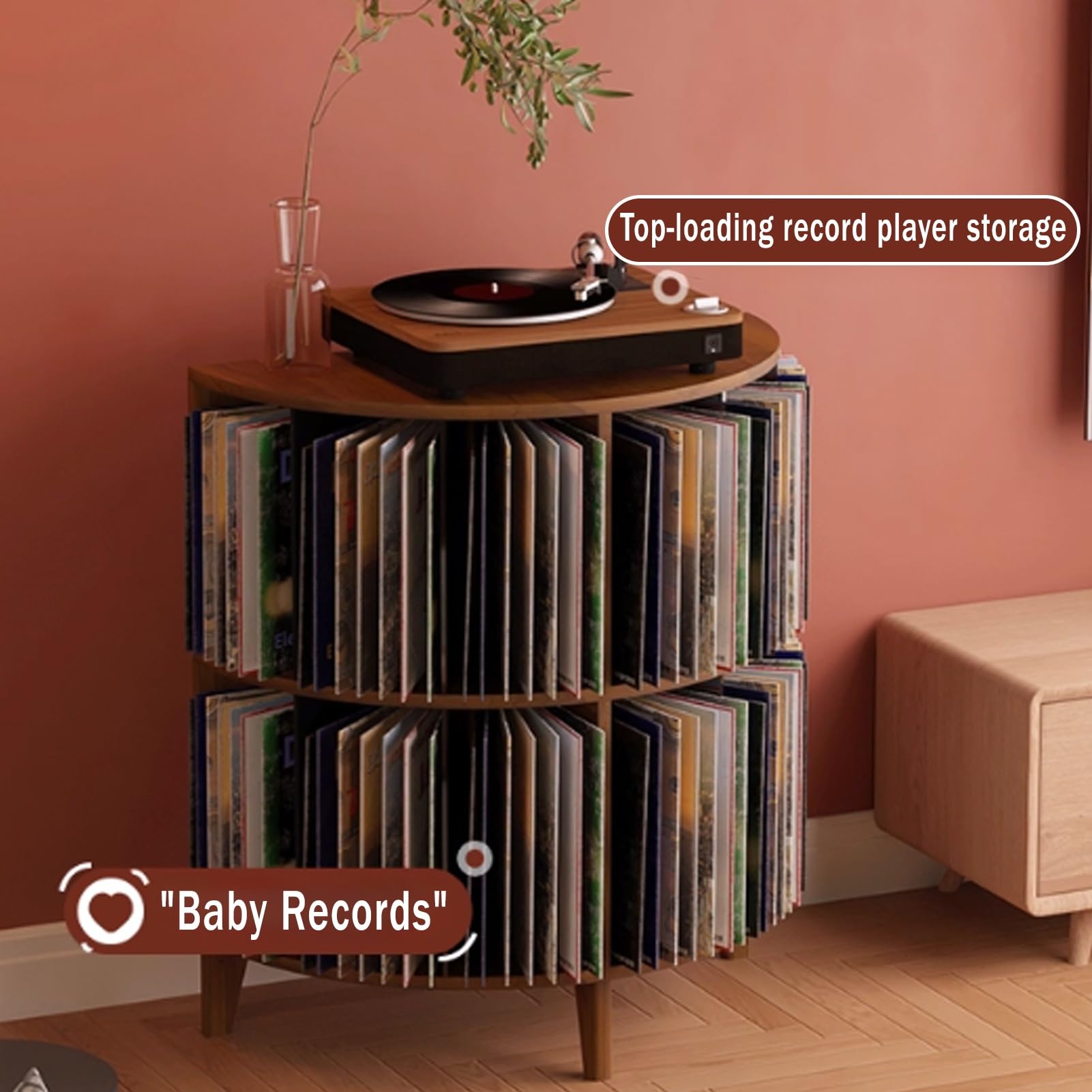 Armadietto di archiviazione audio in legno con supporto giradischi, dischi in vinile e organizer per CD per mobili da soggiorno, elegante soluzione di archiviazione multimediale