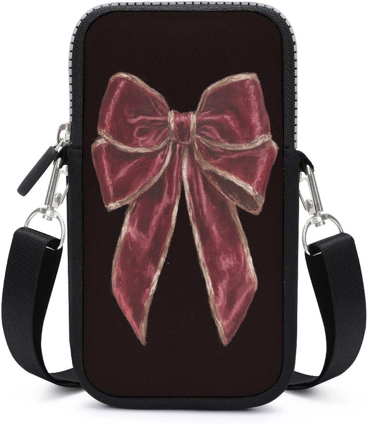 Christmas Ribbon Bow on Dark Black Crossbody Mobile Phone Bag Smartphone Bag With Adjustable Strap