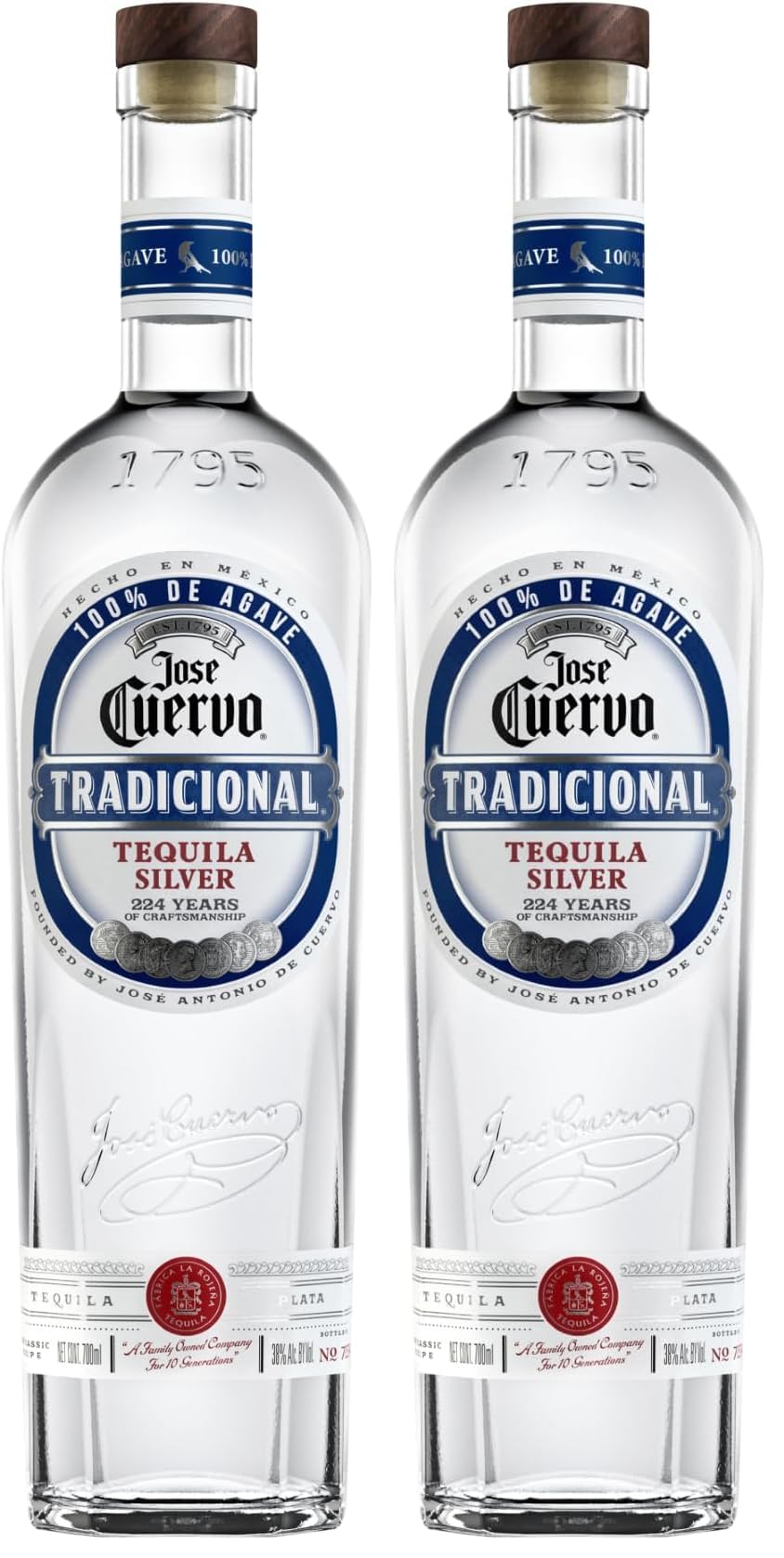 Jose Cuervo Tradicional Silver Tequila Mexiko (1 x 0,7l) – traditionell mexikanischer Tequila mit 38% Vol. aus blauer Weber Agave (Packung mit 2)