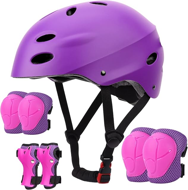 SAMIT 7 in 1 Kids Bike Helmet with Knee and Elbow Wrist Pads, Toddler Skateboard Helmet Knee Pads Set for 5~12 Year Old Boys Girls, Adjustable Children Protective Gear Set for Segway Scooter Cycling