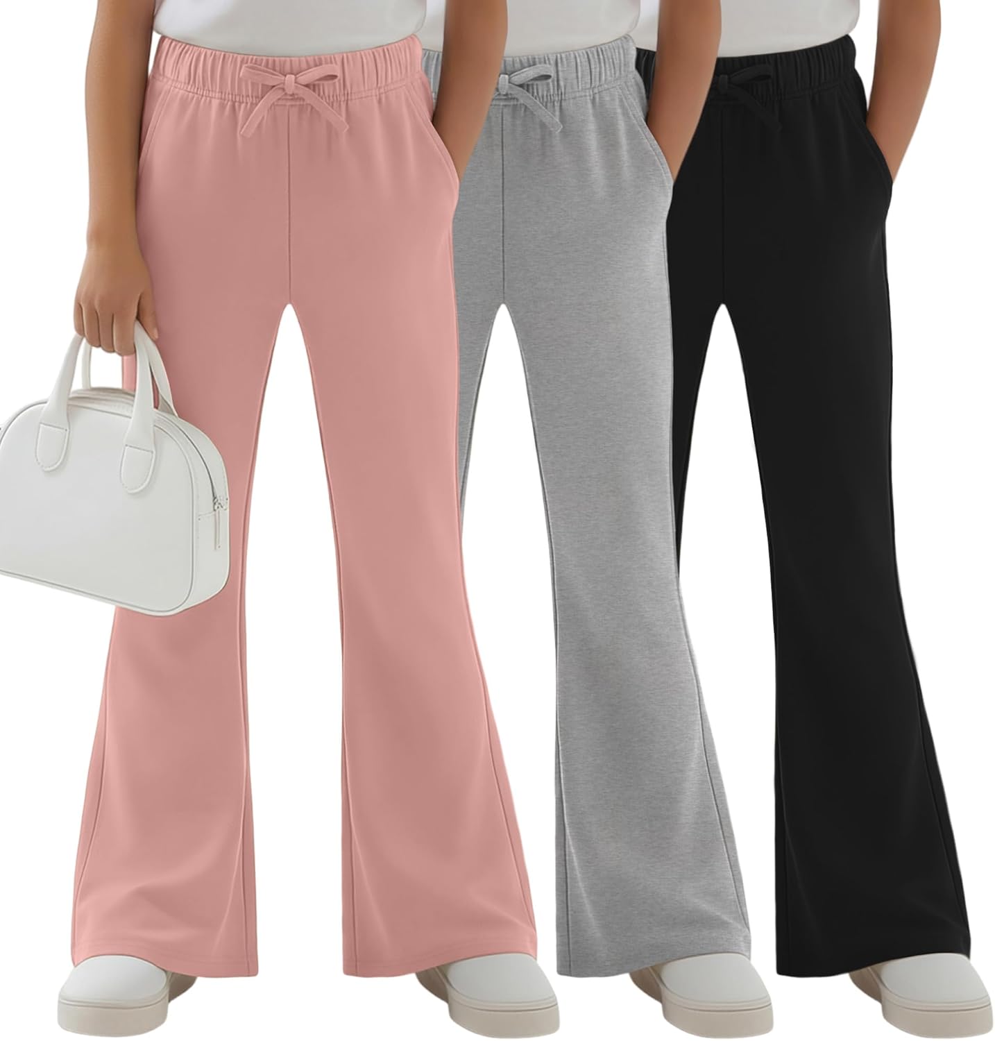 3 Pack Girls Sweatpants Flare Wide Leg Drawstring Casual Kids Pants Bell Bottom Loose Teen Leggings with Pockets