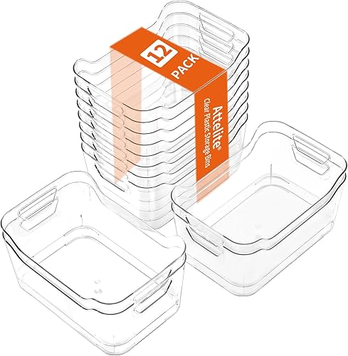 Attelite Paquete de 12 cubos de almacenamiento de plástico transparente, organizadores y almacenamiento de despensa multiusos, contenedores