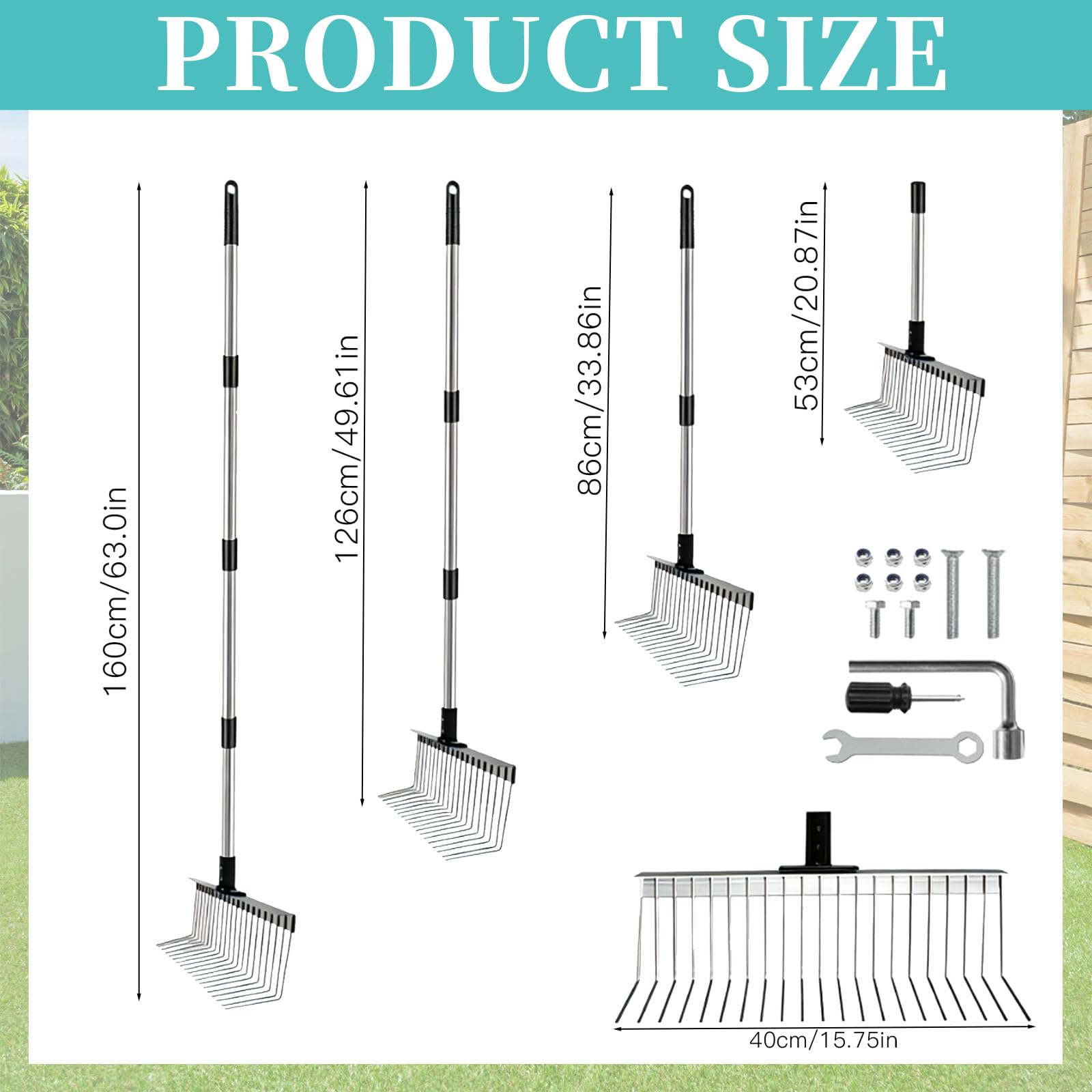 Rastrillo para Jardín, Rastrillo Jardin Metal con Acero Inoxidable 160 cm, Rastrillo de Deshierbe Rastrillo 21 Dientes, Cabezal Pequeño de 40 cm, Rastrillo para Jardín, Césped, Arbusto