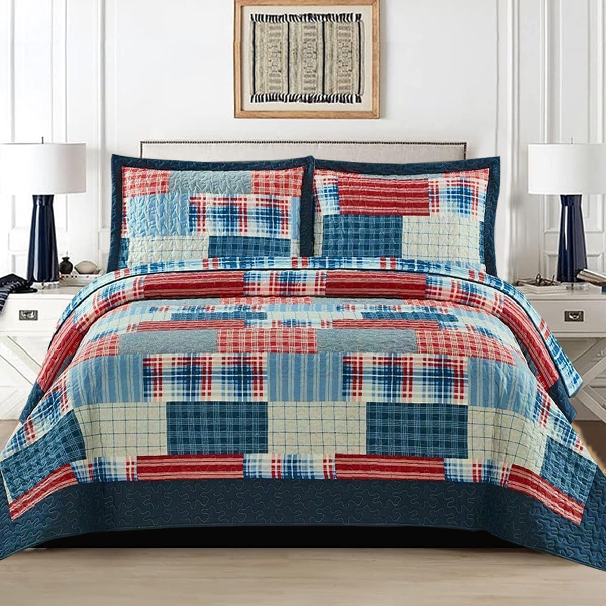 3 PCS Patchwork Bedspread Quilted Bed Throw Single Double King Size Bedding Set (Check Denim Red, Double) โ image 1