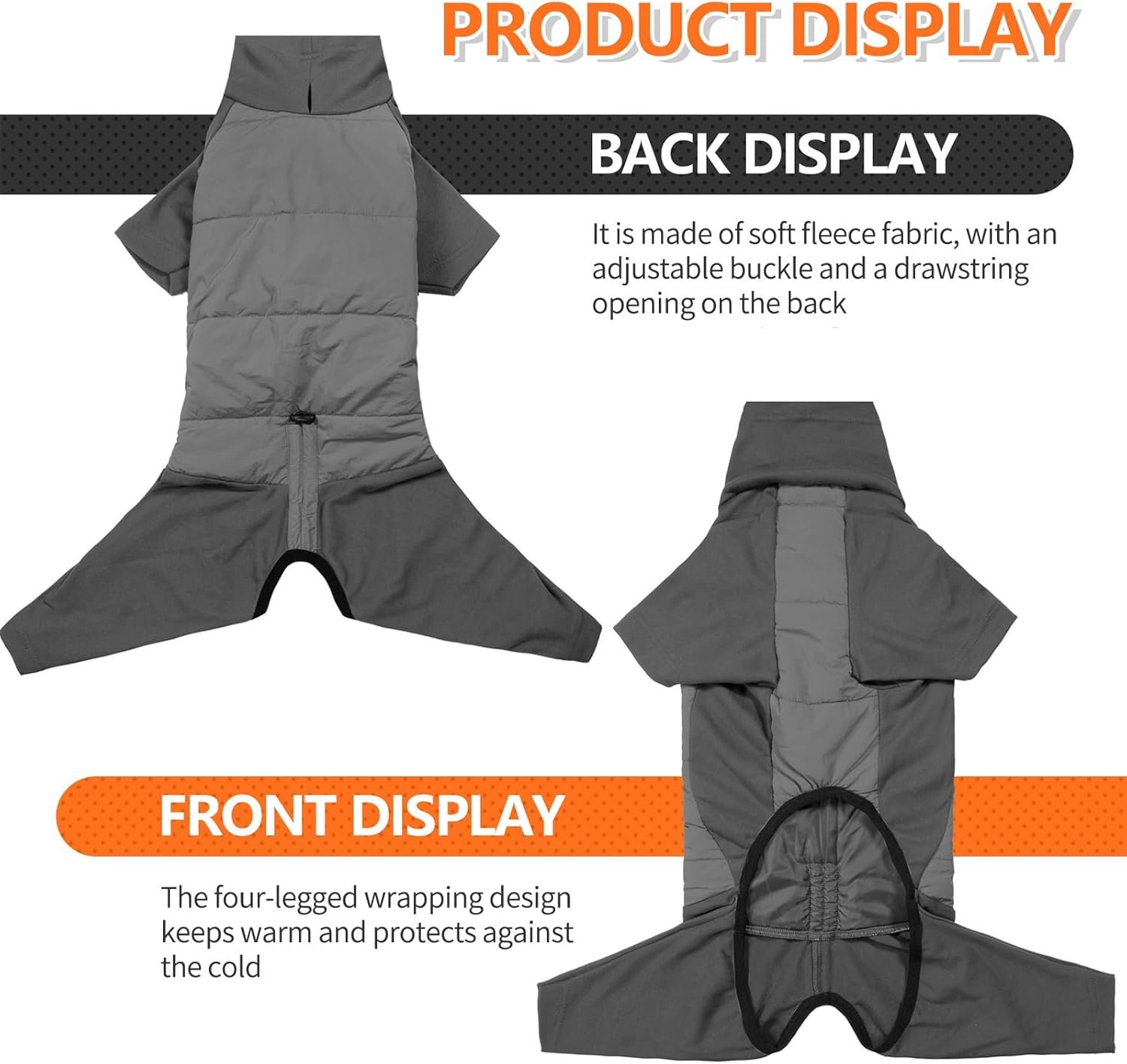 BRKURLEG Full Body Dog Winter Coat Warm Fleece Pullover Pajamas, Four Legs Covered Windproof Dog Jacket for Small to Large Dogs, Turtleneck Dogs Snowsuit, Pet Cold Weather Clothes, Grey XXL
