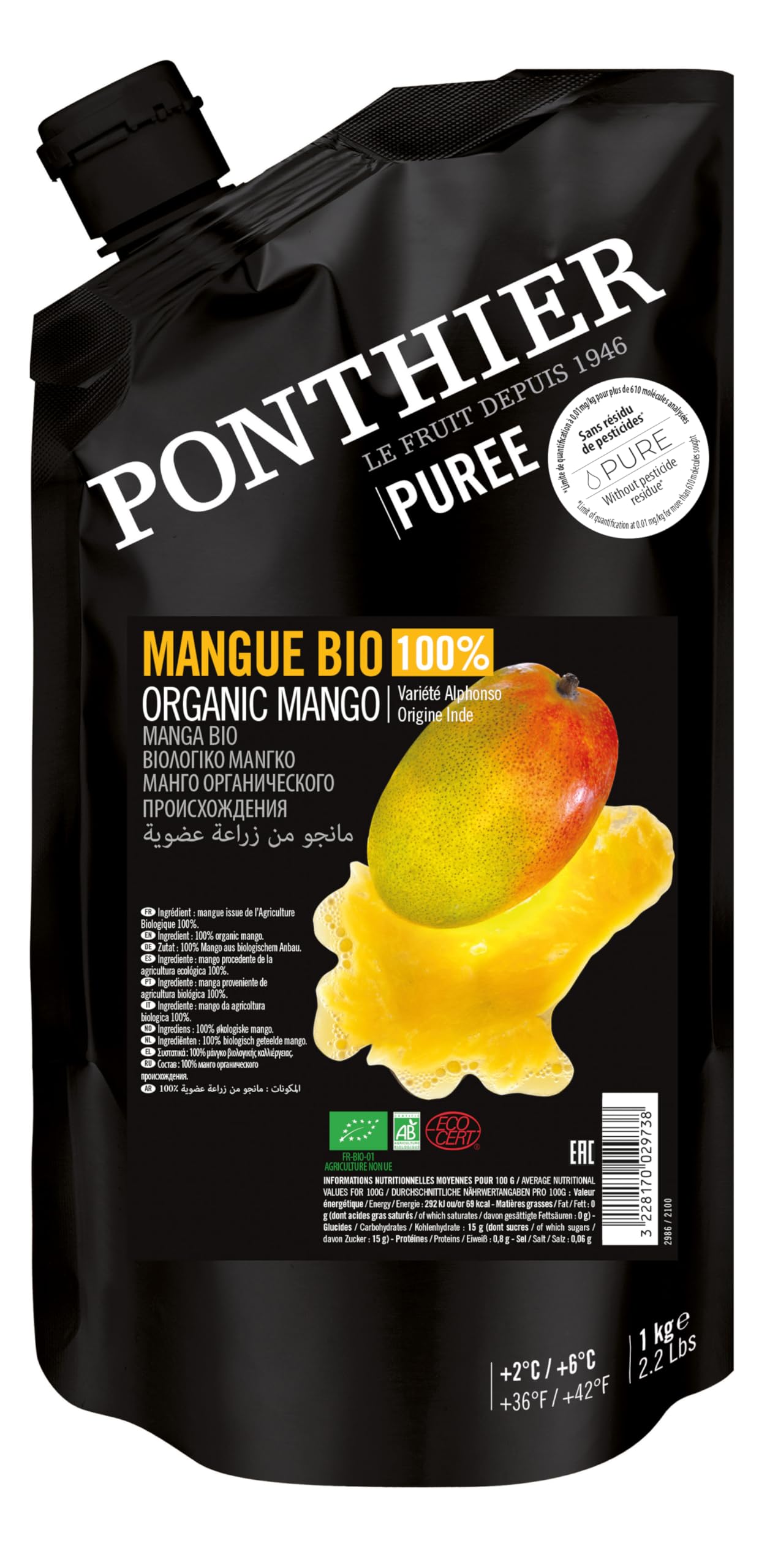 Hymor Ponthier Purée de fruits bio à base de mangue Alphonso indienne, sans colorant ni conservateur, 3 x 1 kg, pour bol à la mangue, smoothies à la mangue, glace, dessert, porridge
