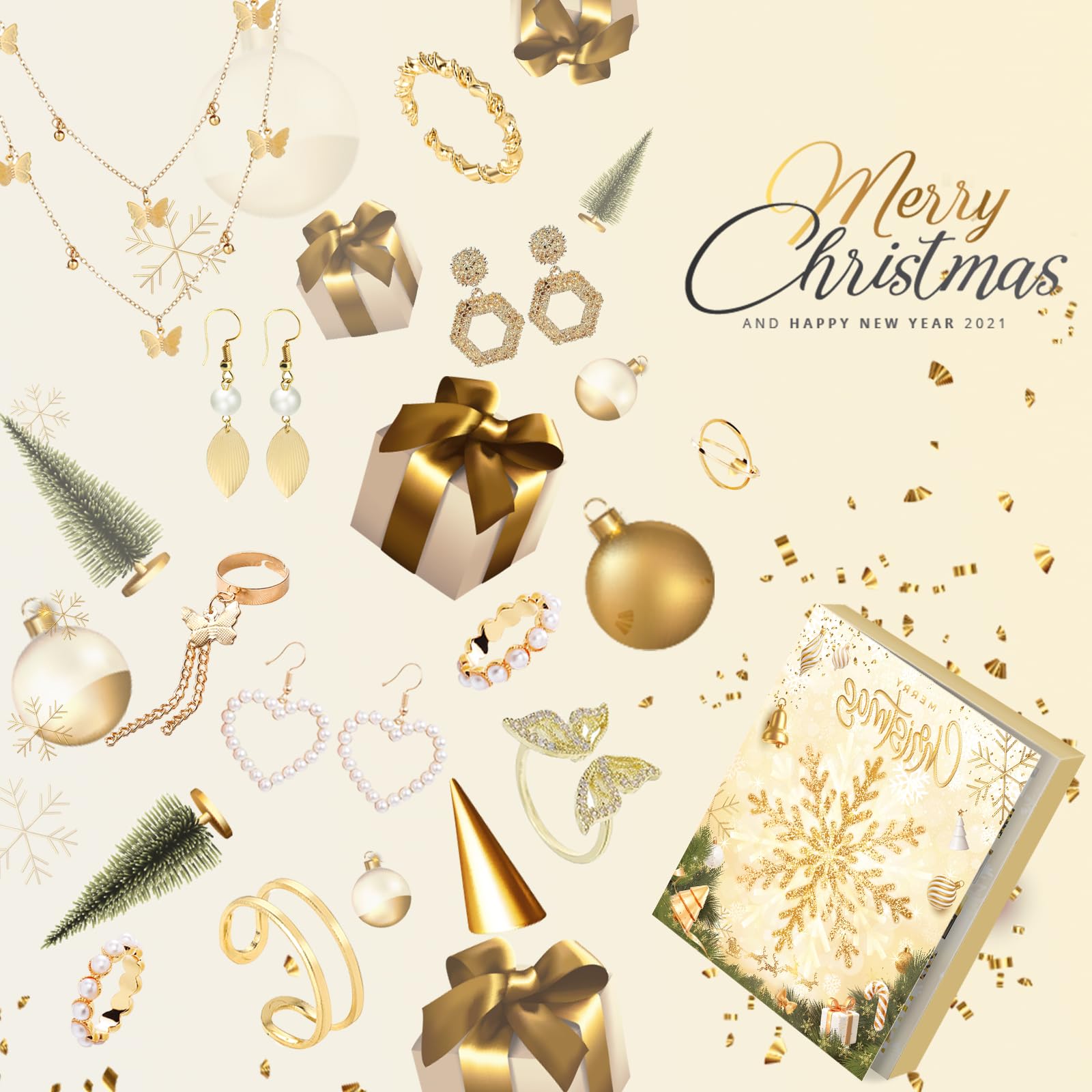 Calendario dell'Avvento Gioielli 2025, 24 sorprese con bracciali, collane e orecchini, set di gioielli da donna, regalo di Natale per donne, ragazze, adolescenti, bambini (oro)