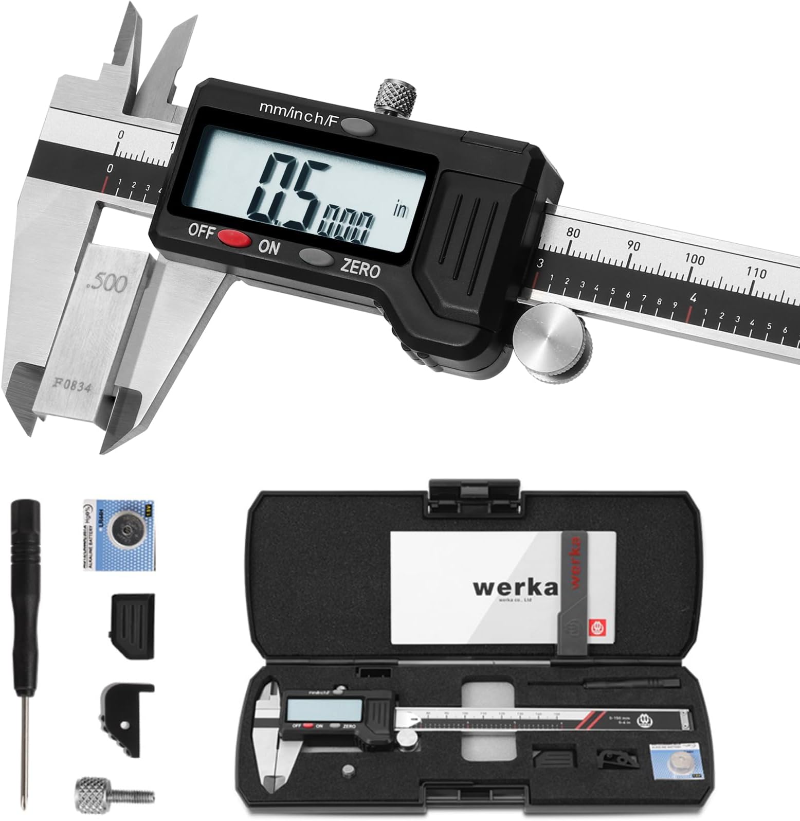 werka Digital Caliper, 0-6” Calipers Measuring Tool, Auto-Off Micrometer Caliper with 0.001”High-Accuracy,Inch/Fraction/Millimeter Conversions Button,4 Measuring Ways, Stainless Steel Construction