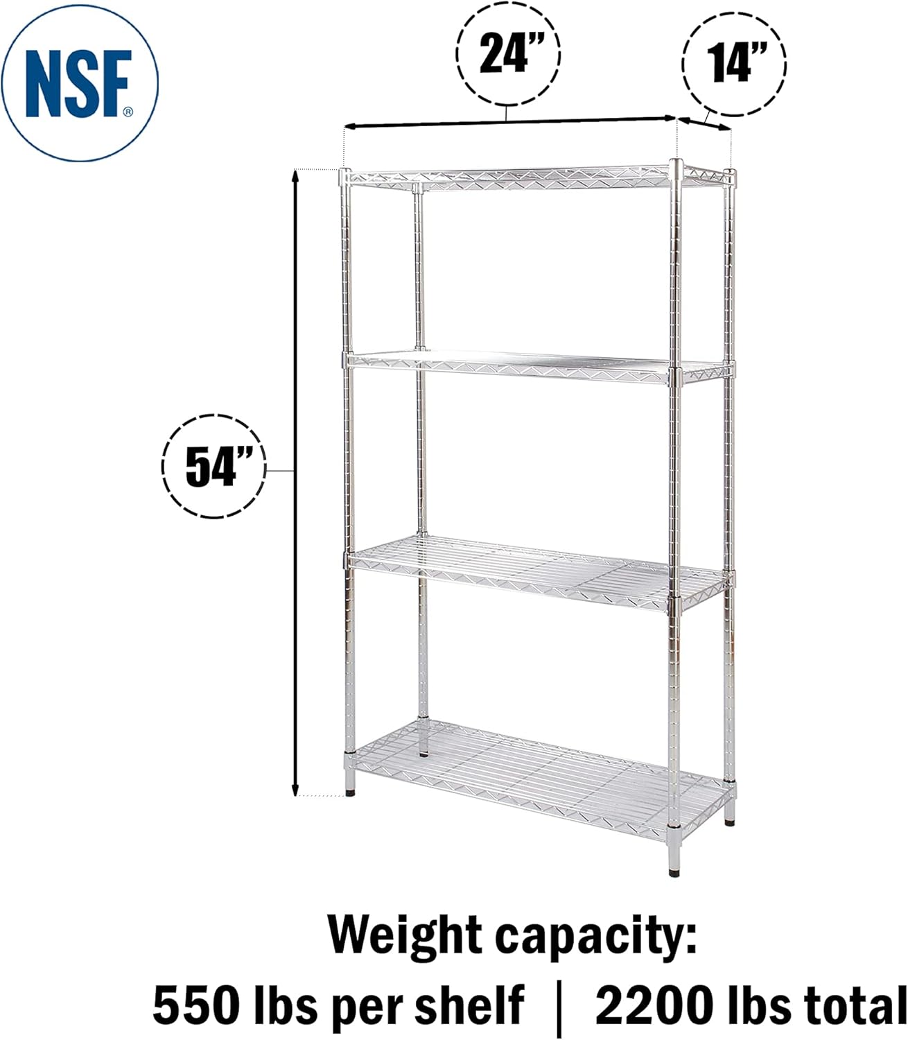 Black Friday Clearance 24 Deep x 54 Wide x 64 High 4 Tier Chrome Wire Shelving Kit | NSF Commercial Storage Rack Unit Flash Deals - 50% OFF 24 Deep x 54 Wide x 64 High 4 Tier Chrome Wire Shelving Kit | NSF Commercial Storage Rack Unit