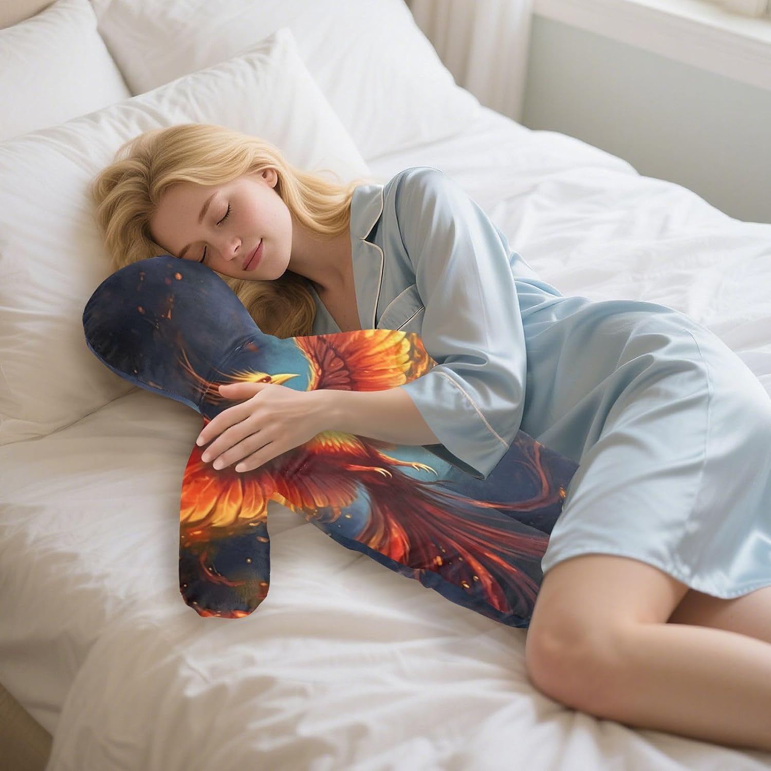 Phoenix Bird Feather Human-Shaped Pillow Soft Body Pillows Washable Velvet Pillows for Anxiety Relief Sleeping Cuddling & Support